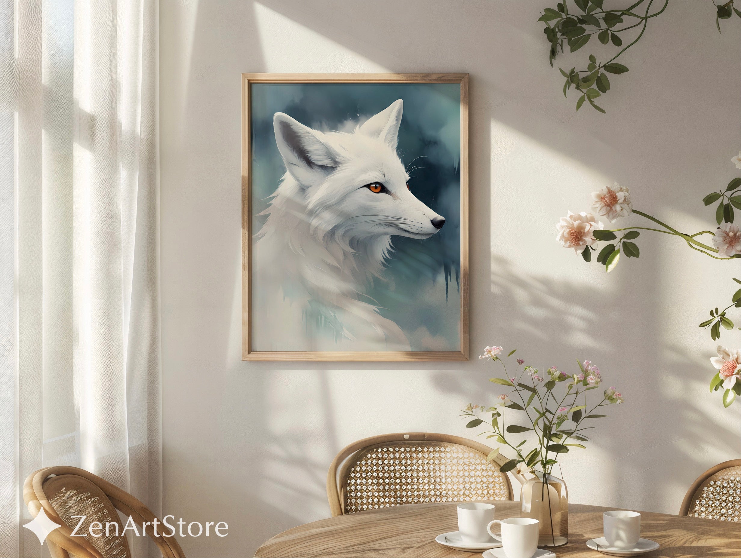 White Fox Wall Art - Minimal Arctic Fox Print, Scandinavian Zen Animal Portrait for Modern Home Decor