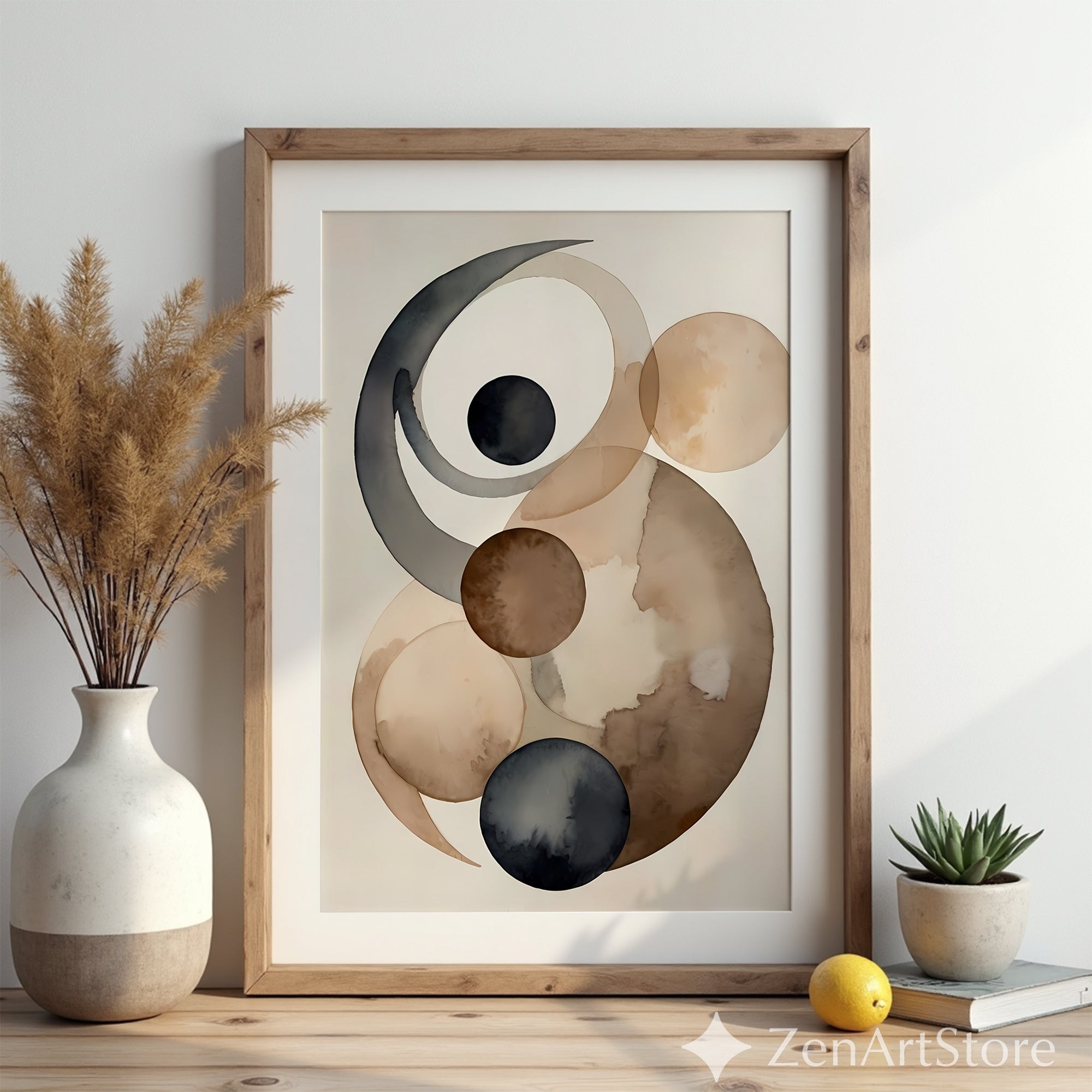 Neutral Abstract Wall Art - Minimalist Circle Watercolor Print in Brown Beige Black, Japandi Scandinavian Home Decor