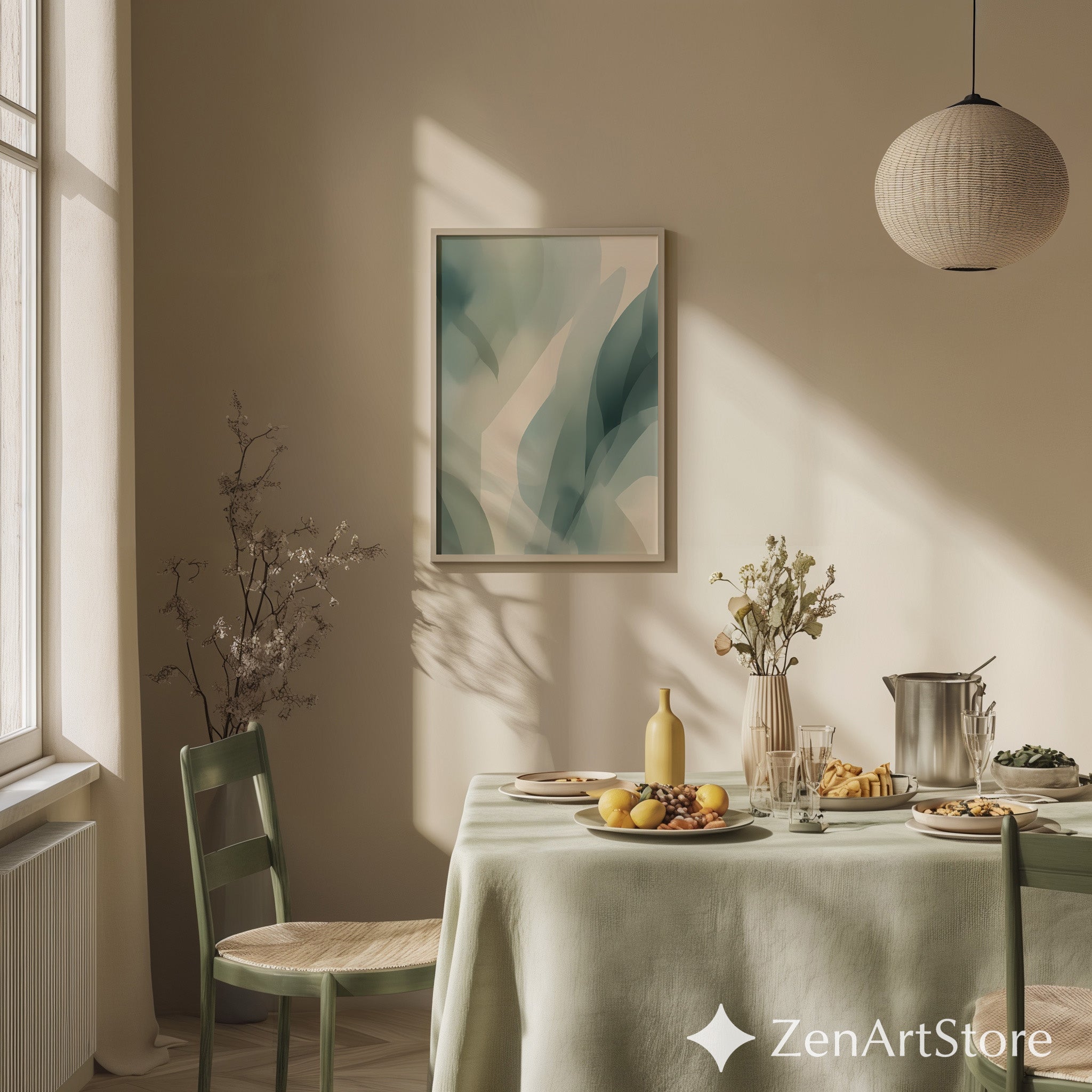 Muted Green Abstract Botanical Wall Art | Minimalist Japandi Print for Calm Neutral Home Decor, Printable & Canvas Ready