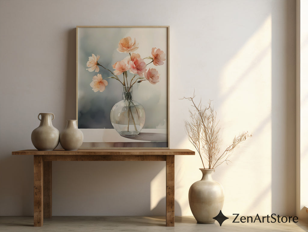 Soft Peach Floral Vase Print - Minimal Botanical Wall Art for Japandi & Scandinavian Neutral Home Decor