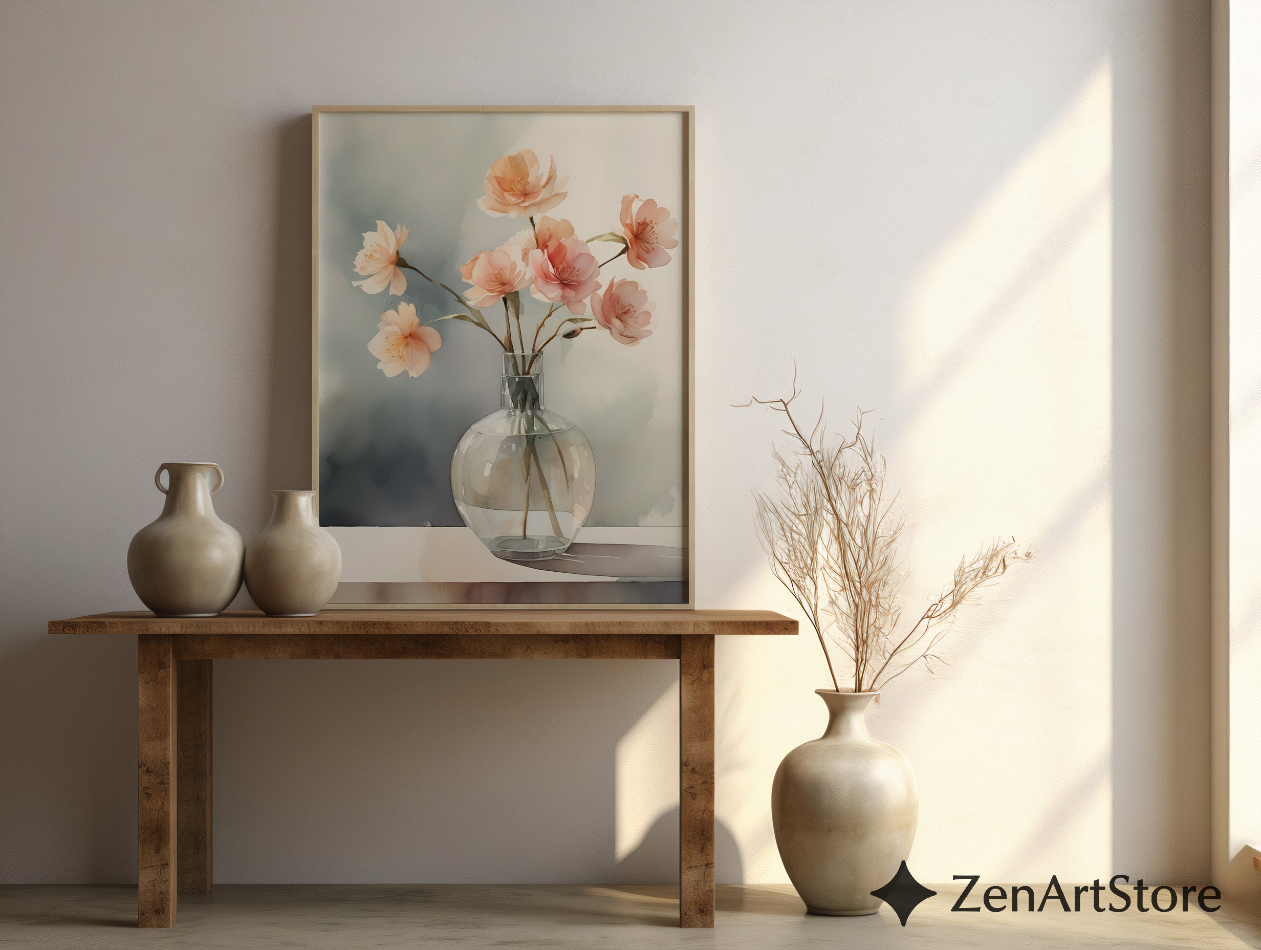 Soft Peach Floral Vase Print - Minimal Botanical Wall Art for Japandi & Scandinavian Neutral Home Decor
