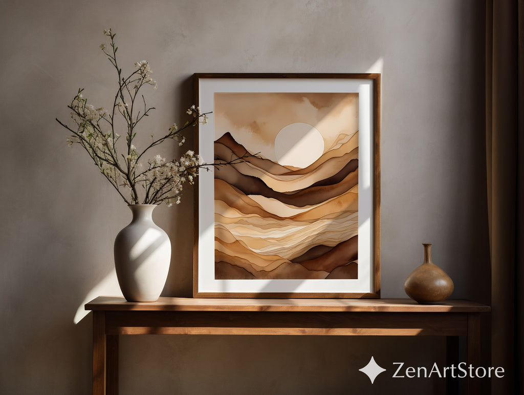 Neutral Abstract Landscape Wall Art - Beige Brown Minimalist Sun Print, Japandi Wabi Sabi Modern Home Decor, Printable or Canvas