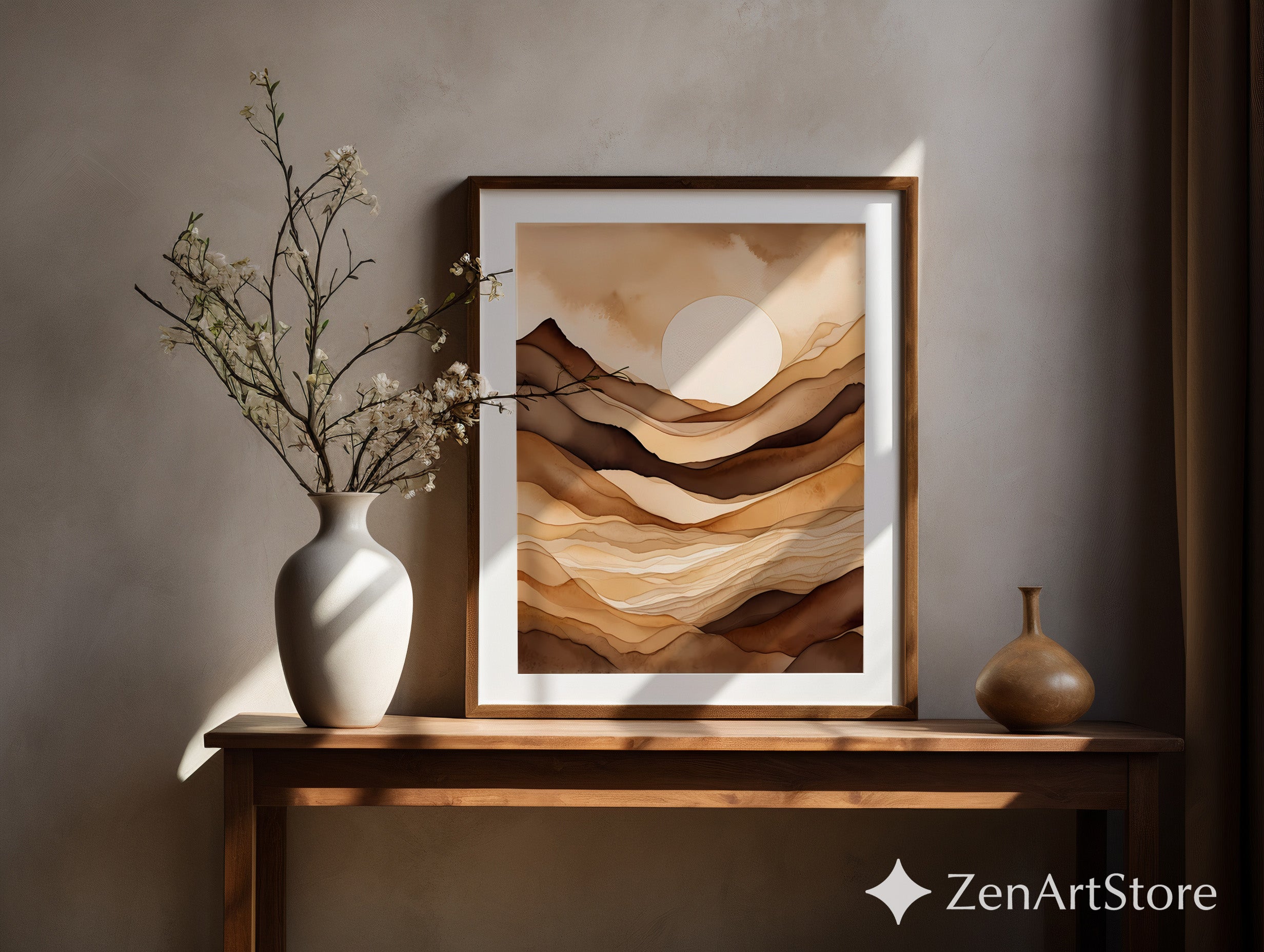 Neutral Abstract Landscape Wall Art - Beige Brown Minimalist Sun Print, Japandi Wabi Sabi Modern Home Decor, Printable or Canvas