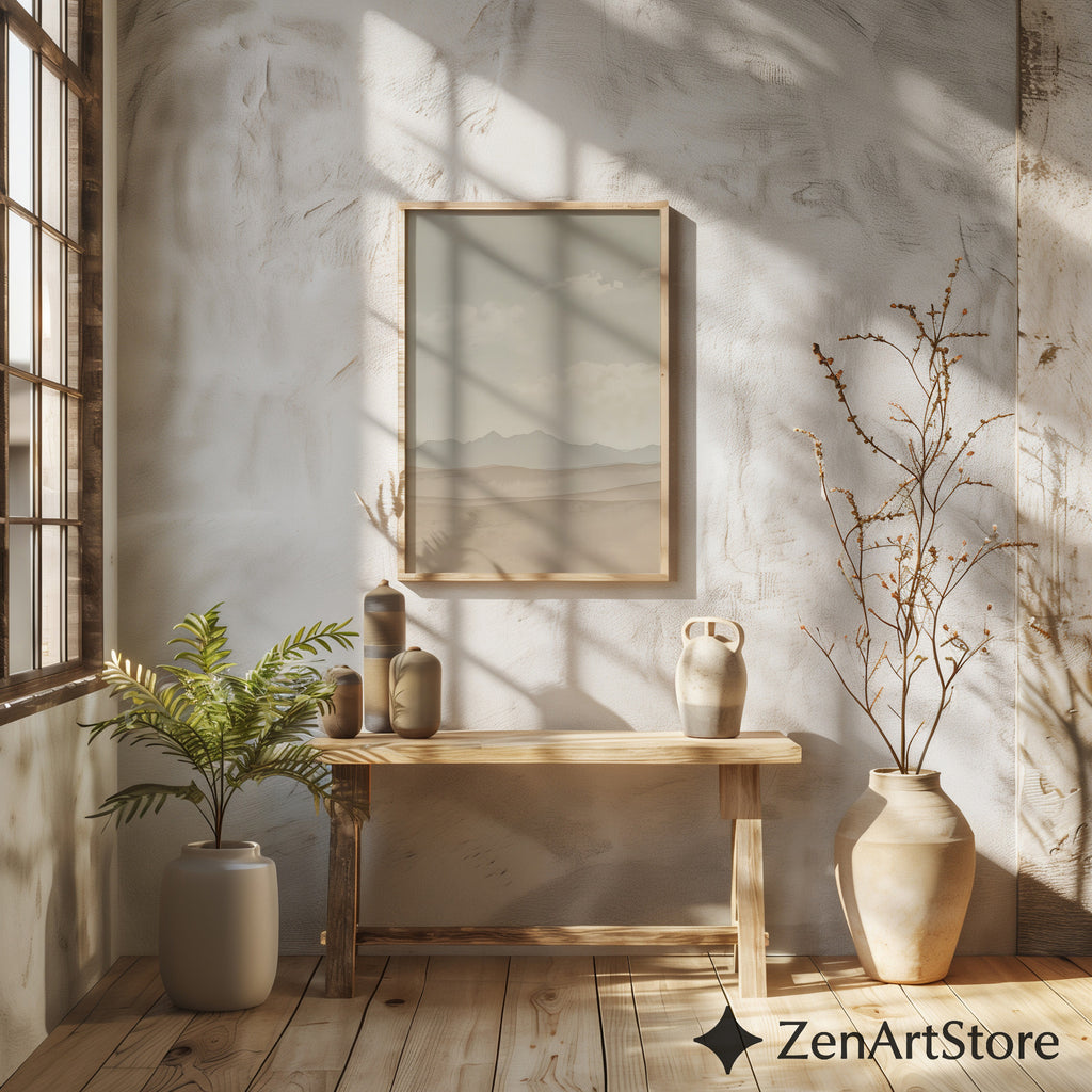 Neutral Desert Landscape Wall Art - Minimal Beige Mountain Print, Japandi Scandi Boho Home Decor