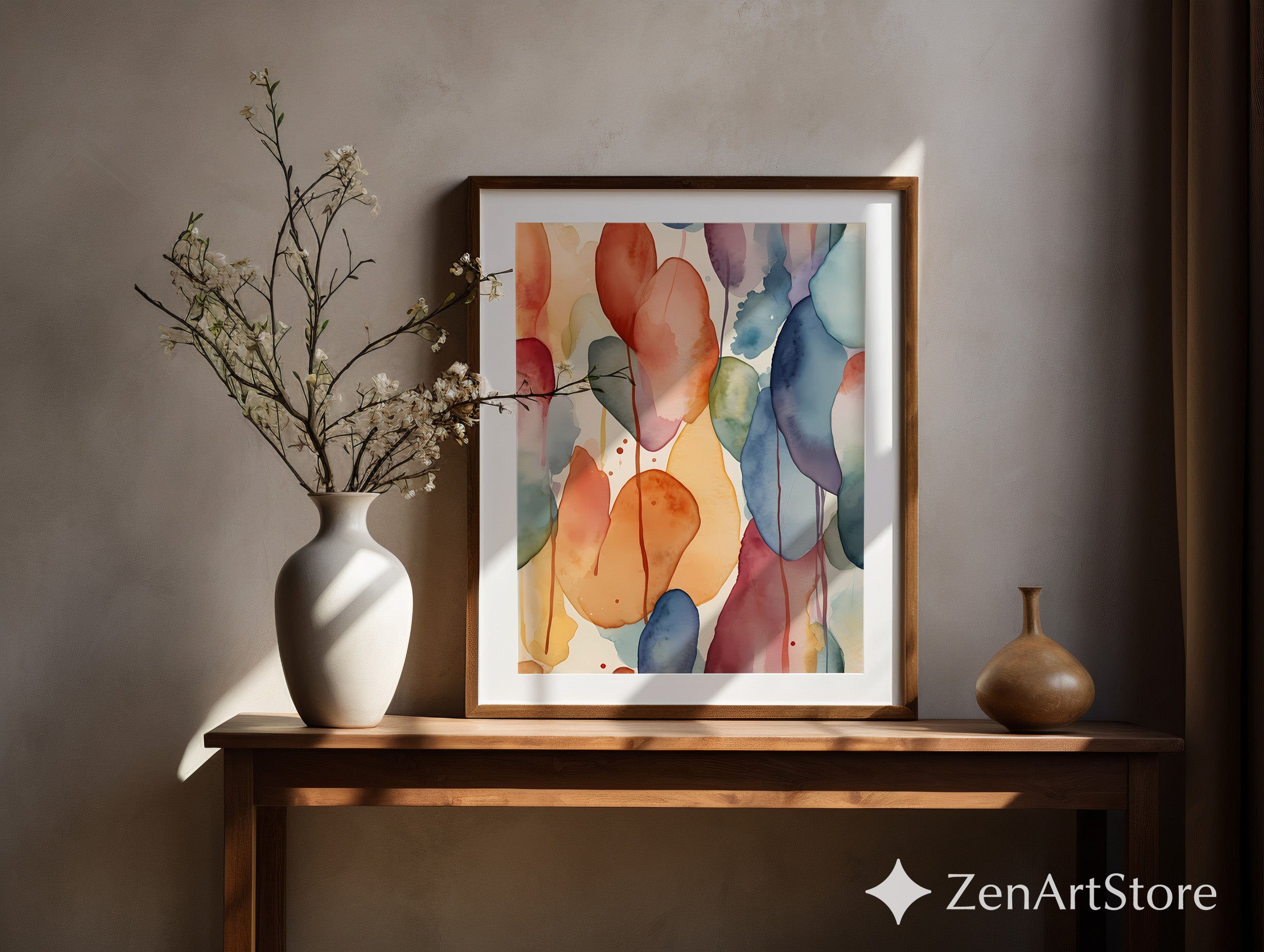 Abstract Watercolor Organic Shapes Wall Art - Modern Boho Terracotta Blue Sage Printable Canvas for Living Room Bedroom