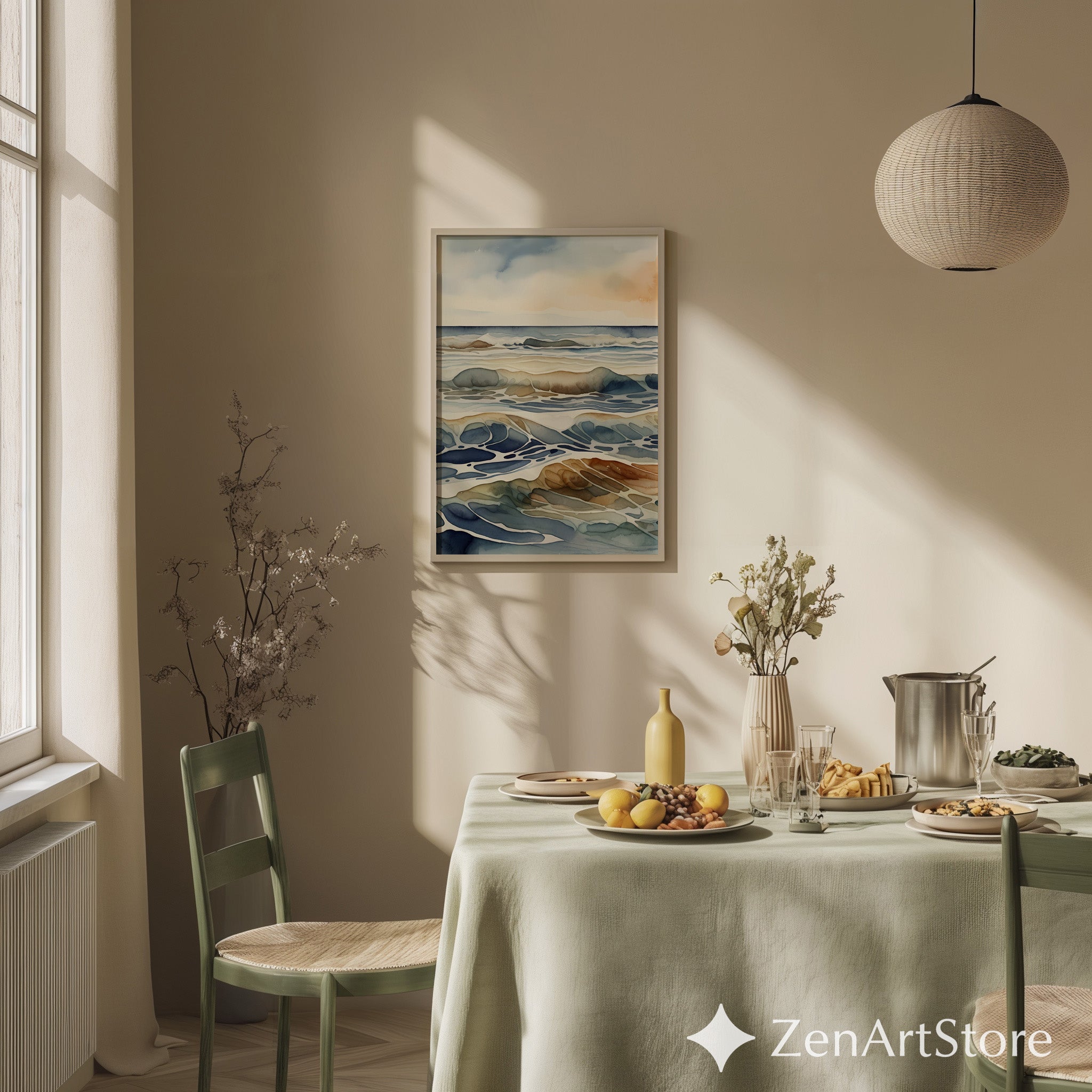 Abstract Ocean Watercolor Print - Calm Coastal Wall Art, Japandi Minimal Waves, Neutral Blue Beige Beach Decor