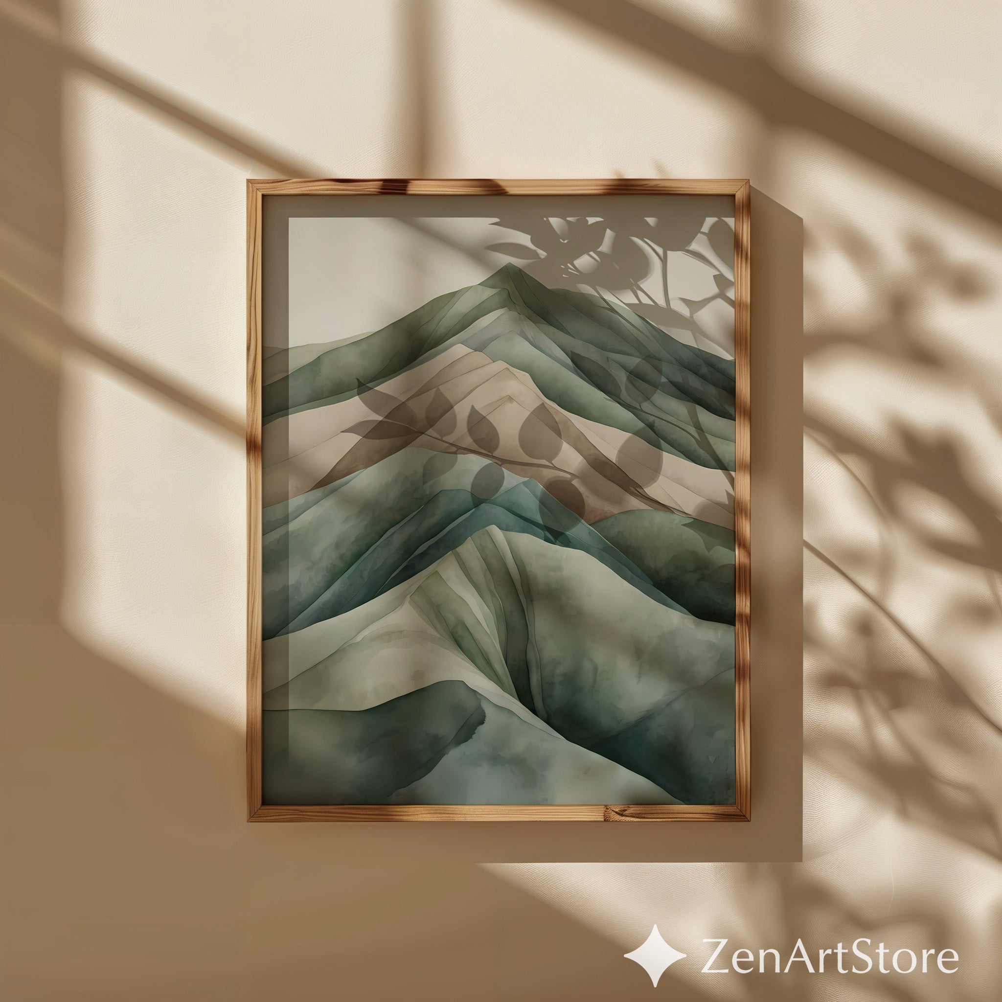 Calm Minimal Mountain Wall Art - Neutral Watercolor Landscape Print | Japandi Wabi Sabi Green Beige Modern Home Decor