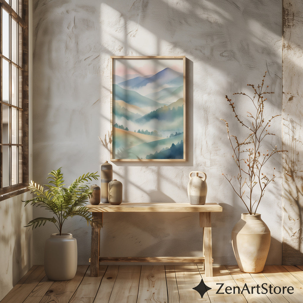 Misty Mountain Pastel Wall Art | Japandi Zen Landscape Print for Calm Minimal Home Decor