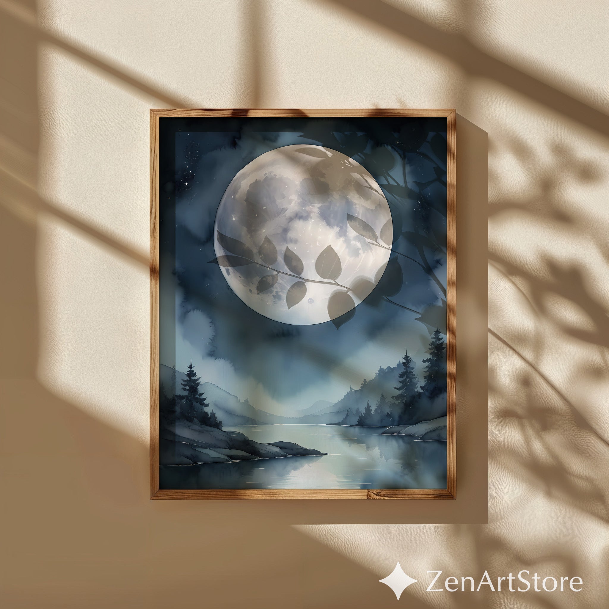 Ethereal Moonlit Lake Wall Art - Minimal Moon Landscape Print for Nordic Japandi Bedroom Decor