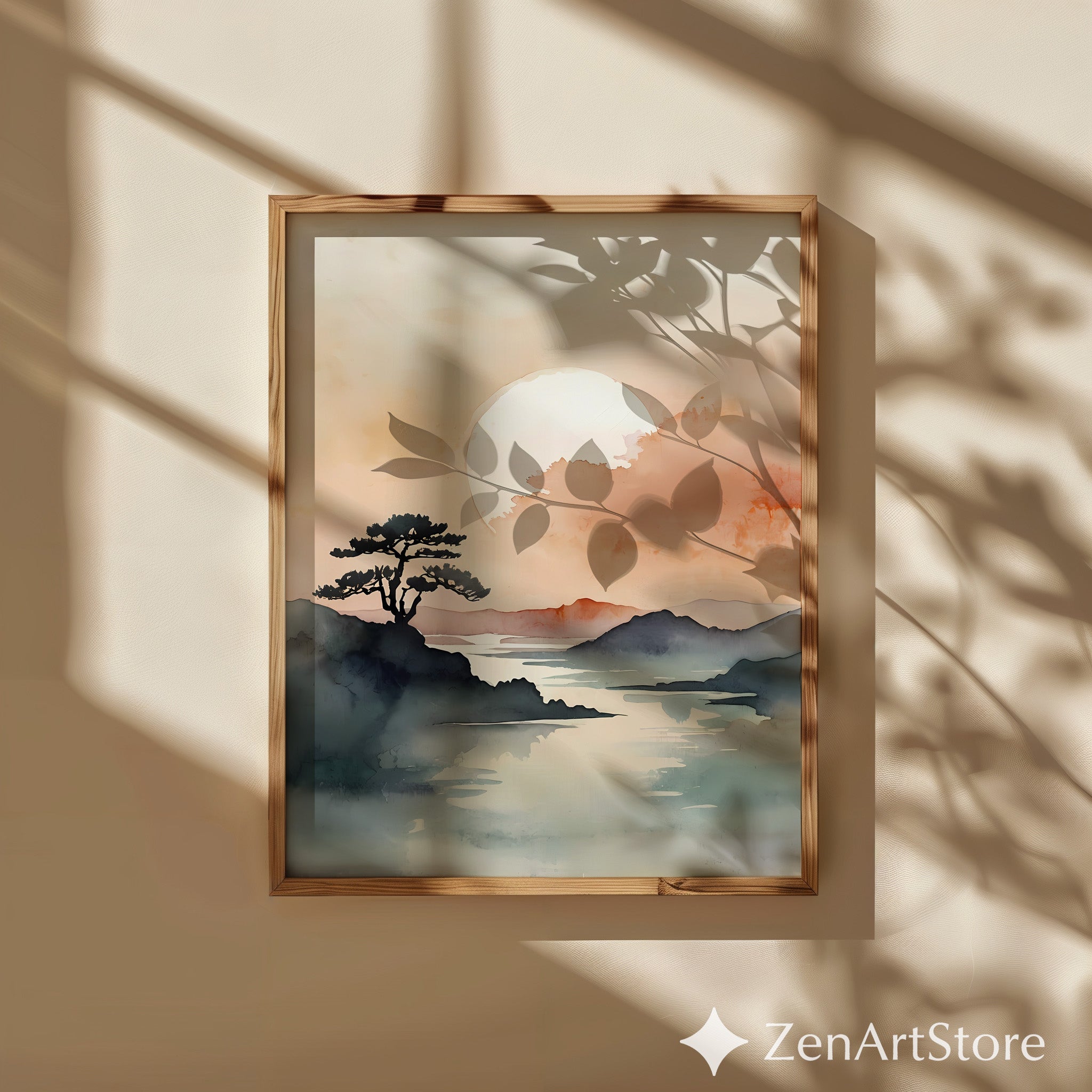 Zen Watercolor Landscape Print - Minimal Japandi Sunset Moon Wall Art, Calming Neutral Home Decor