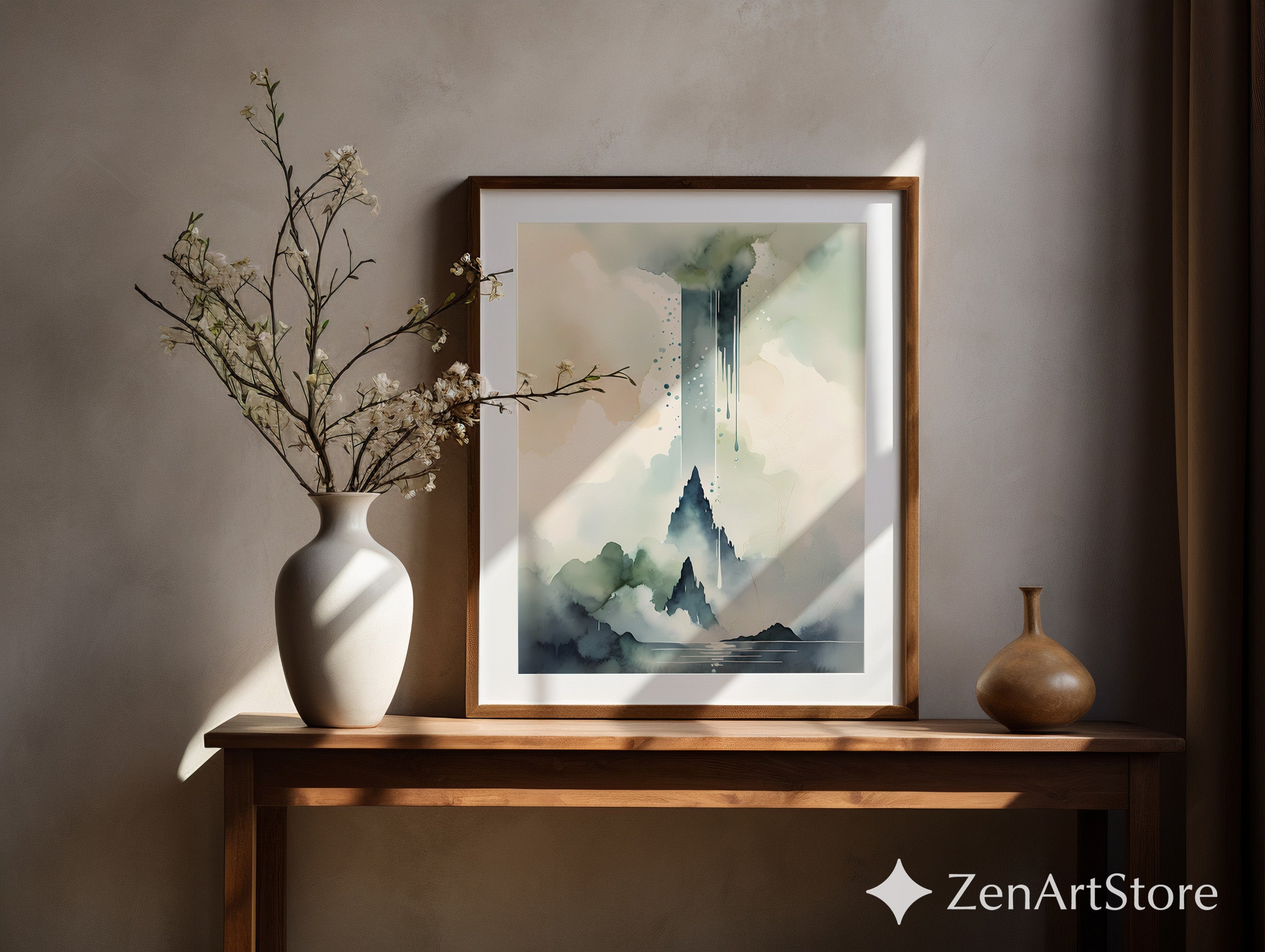 Misty Mountain Watercolor Print - Zen Japandi Neutral Landscape Wall Art, Minimal Abstract Mountain Poster for Modern Home Decor
