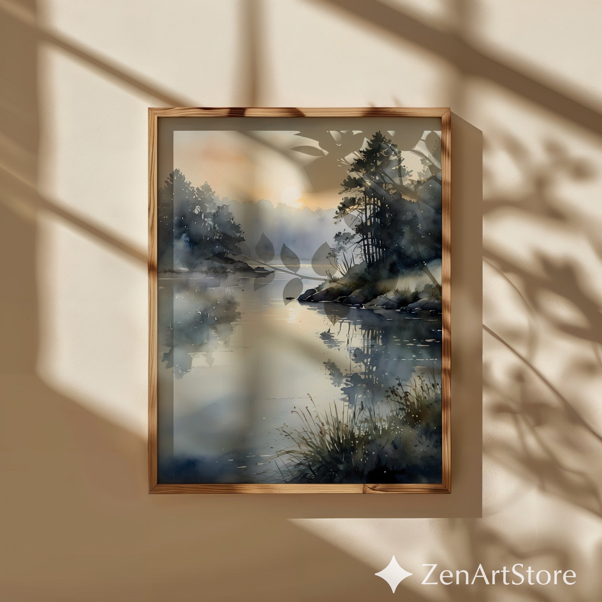 Misty Lake Sunrise Watercolor Print - Calm Neutral Landscape Wall Art for Living Room, Bedroom, Japandi Wabi Sabi Decor