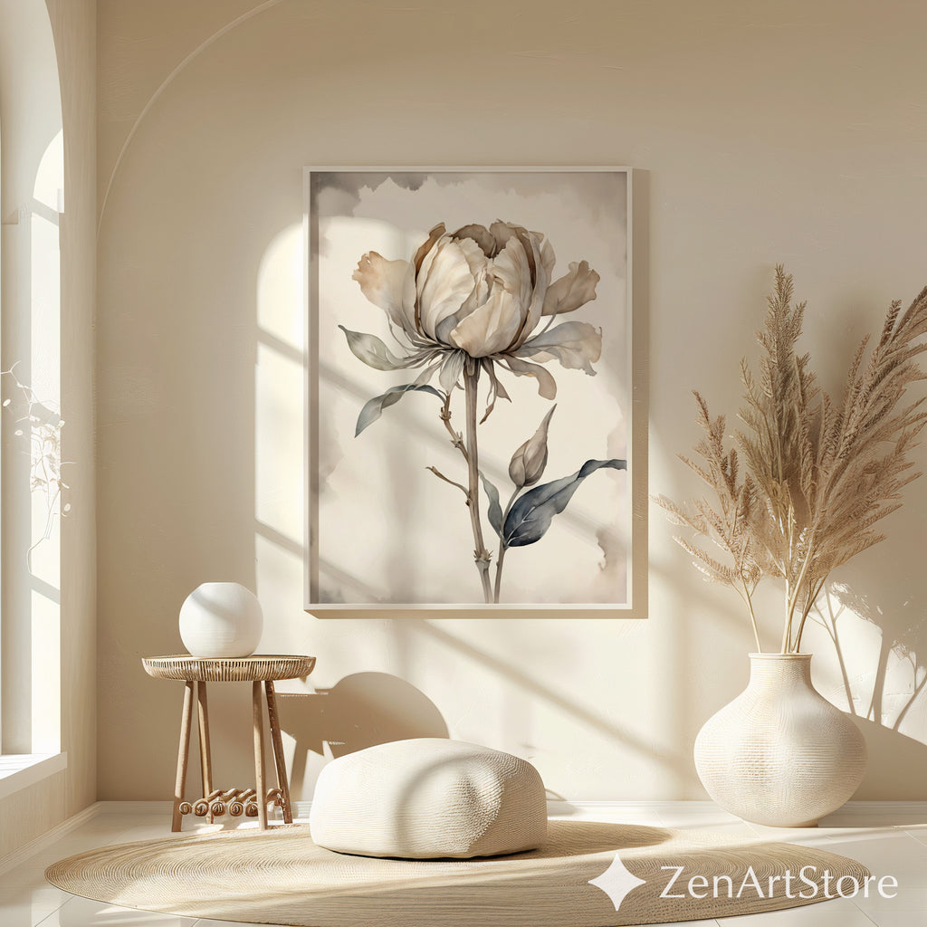 Neutral Peony Wall Art - Beige Botanical Watercolor Print, Japandi Minimal Flower Poster for Living Room & Bedroom