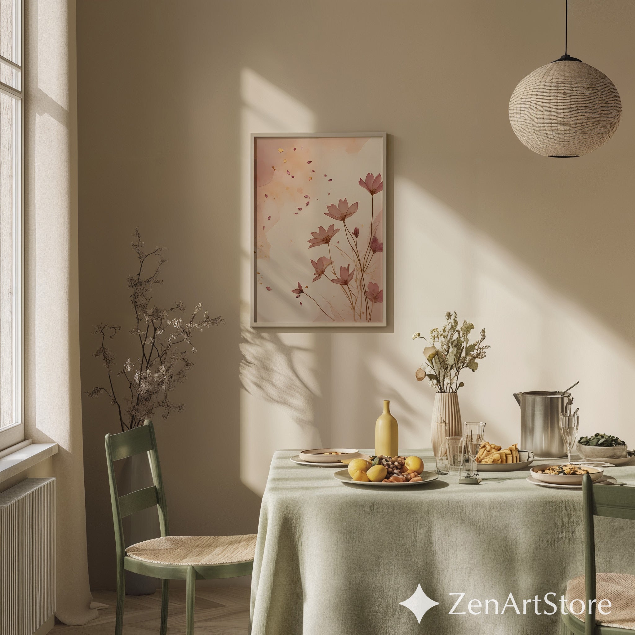 Blush Floral Wall Art Print - Minimal Botanical Line Art, Neutral Japandi Home Decor, Pink Beige Abstract Flower Poster