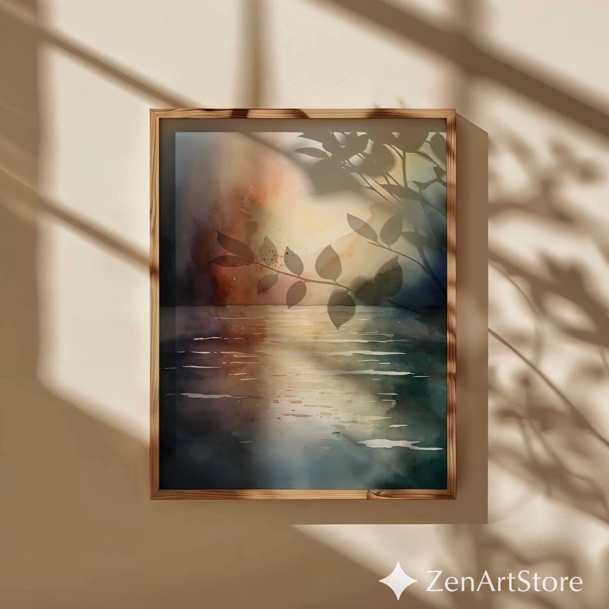 Serene Abstract Sunset Watercolor Print - Neutral Japandi Coastal Wall Art, Minimalist Living Room Decor