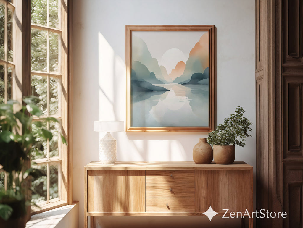 Serene Pastel Mountain Landscape Print – Minimal Japandi Wall Art, Calm Neutral Abstract Sunset