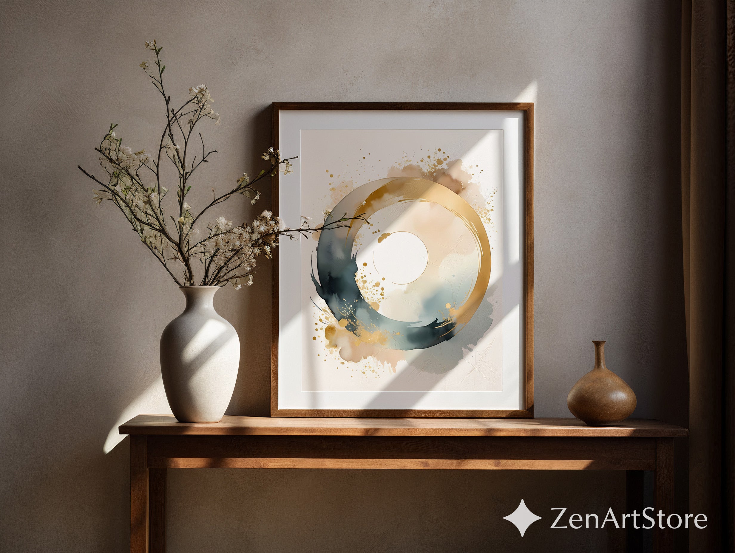 Gold Enso Circle Abstract Wall Art - Minimal Japandi Neutral Watercolor Print for Modern Zen Home Decor
