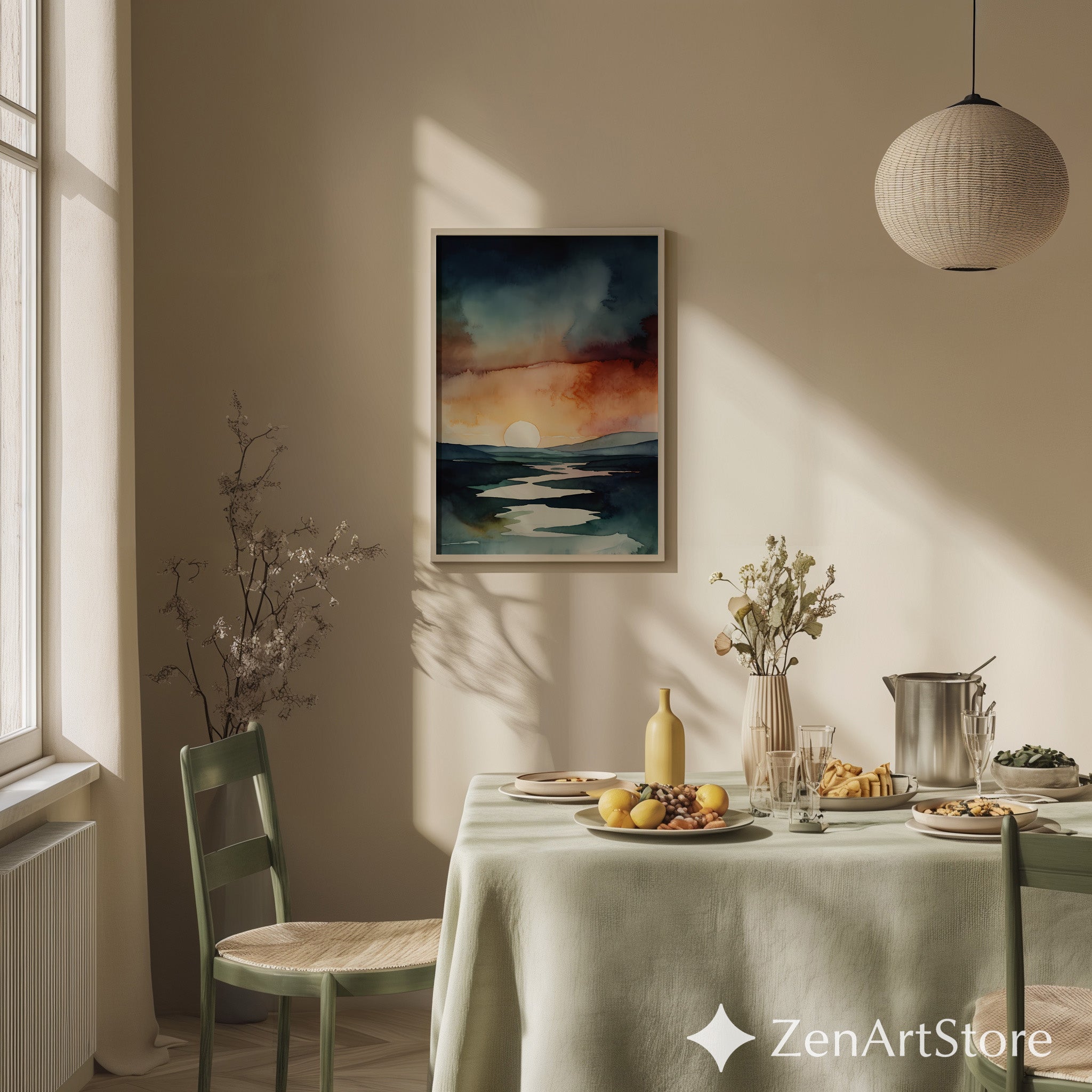 Abstract Watercolor Sunset Landscape Print - Minimal Modern Wall Art, Neutral Zen Sunrise Decor for Living Room & Bedroom