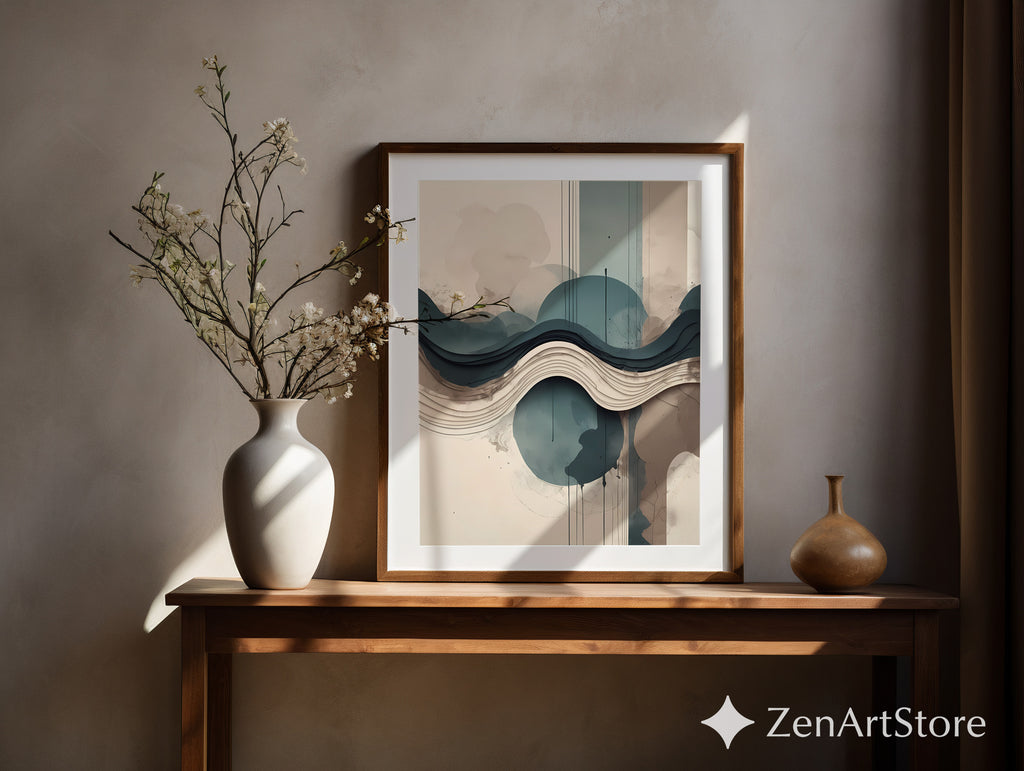 Layered Abstract Landscape Wall Art - Japandi Teal Beige Minimalist Print for Living Room & Bedroom