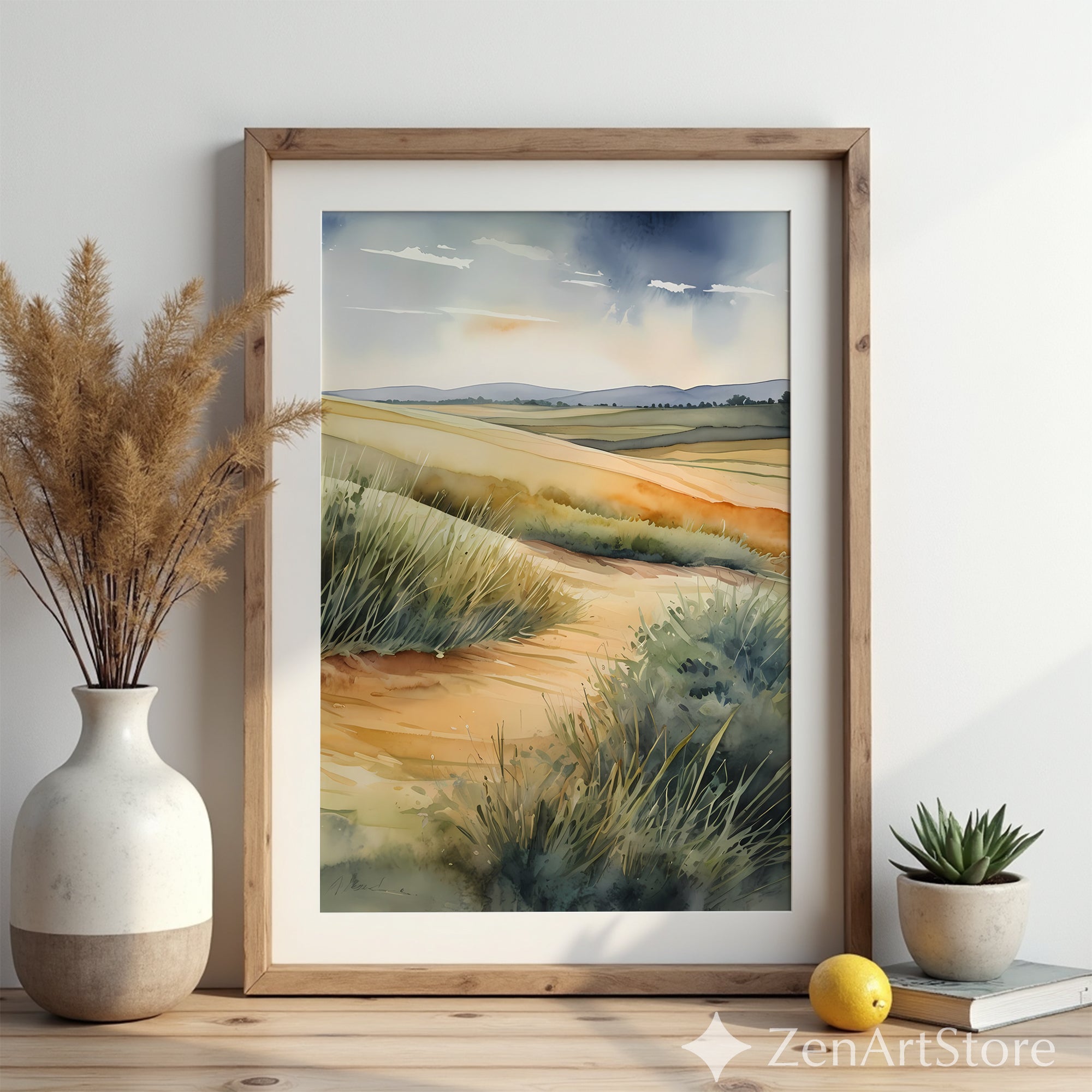 Coastal Dune Watercolor Print - Neutral Landscape Wall Art, Sand Dunes & Sea Grass, Japandi Wabi-Sabi Minimal Home Decor