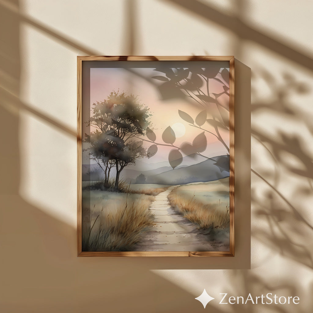 Serene Sunrise Path Watercolor Print - Minimal Neutral Landscape Wall Art for Living Room & Bedroom