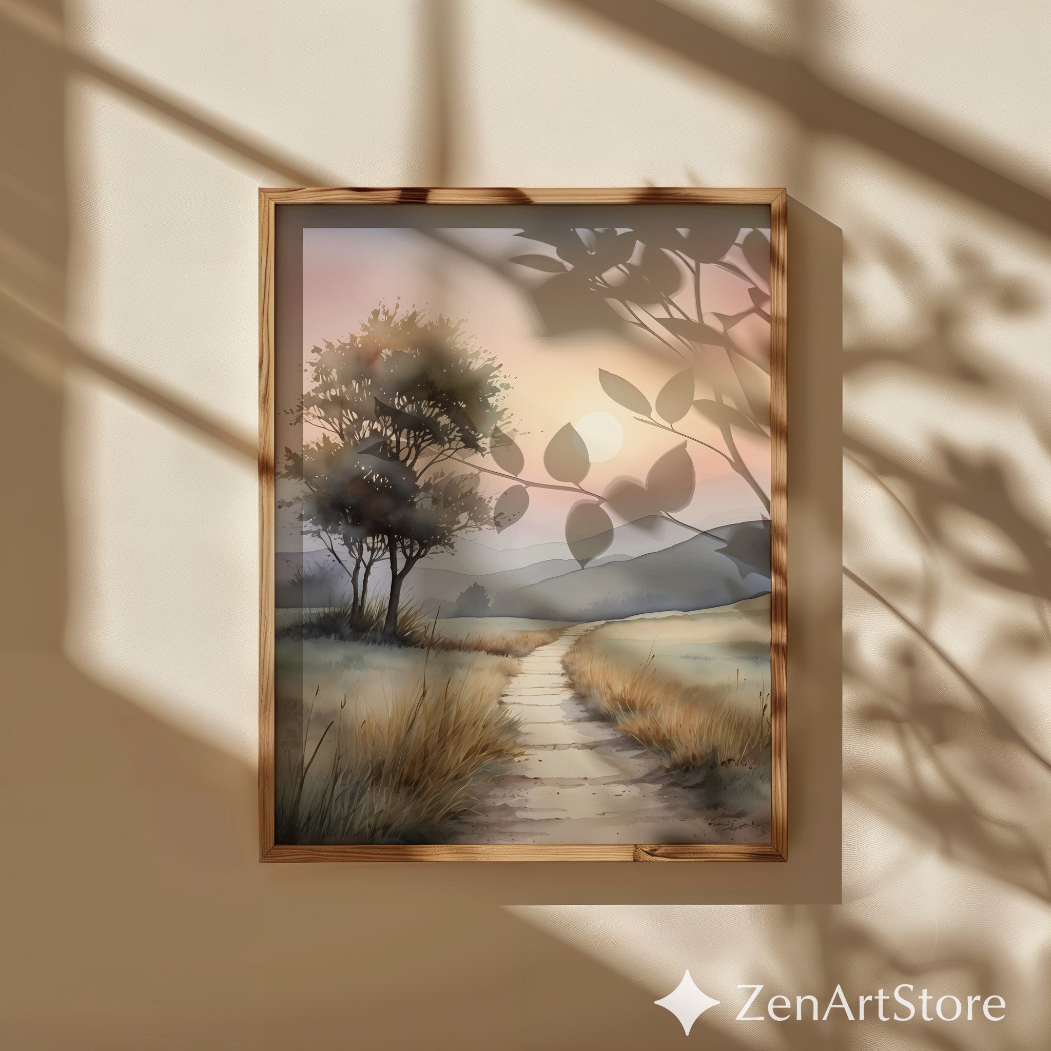 Serene Sunrise Path Watercolor Print - Minimal Neutral Landscape Wall Art for Living Room & Bedroom