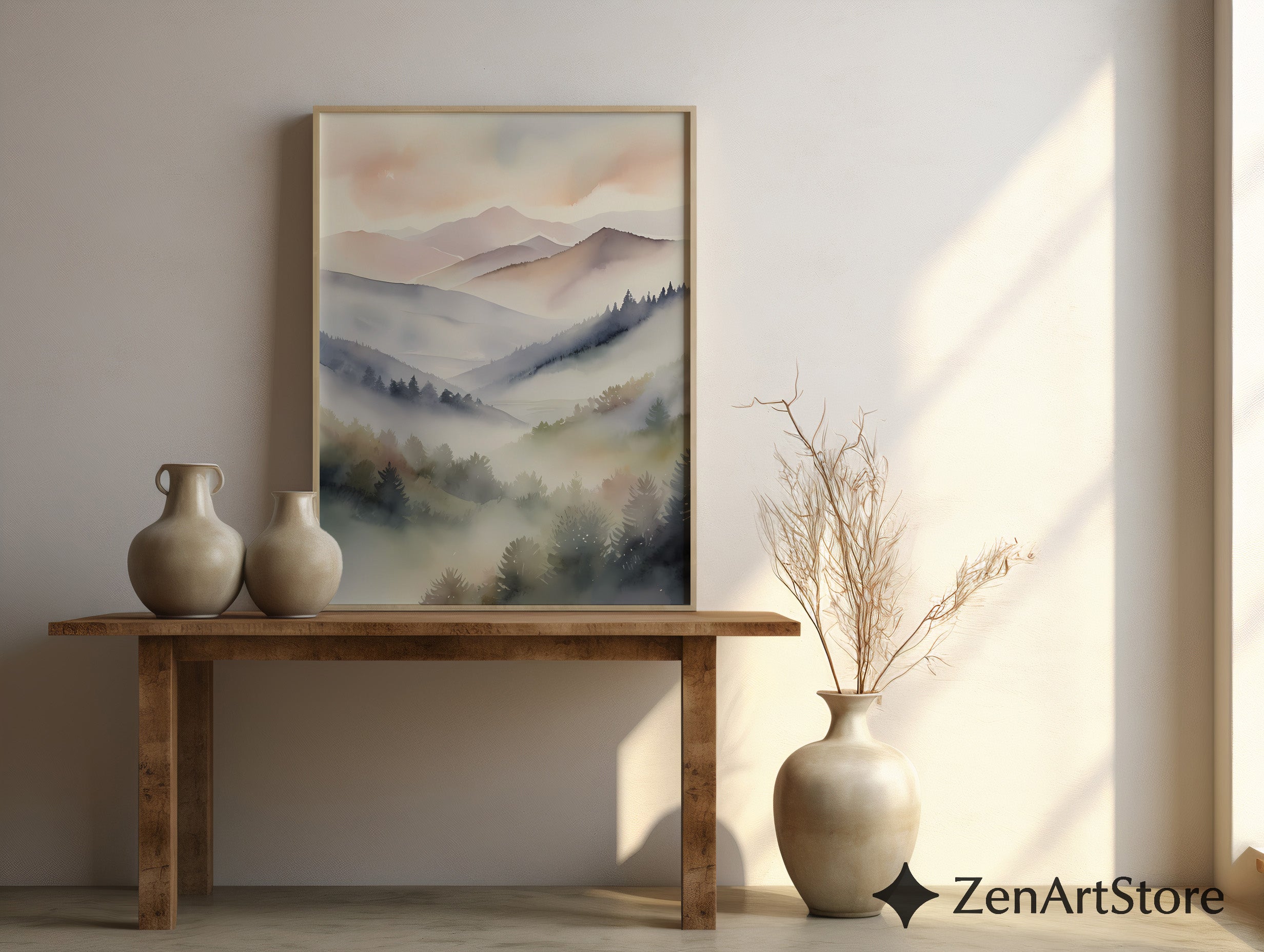 Misty Mountain Watercolor Print – Neutral Minimal Landscape Wall Art for Japandi, Scandinavian & Boho Homes