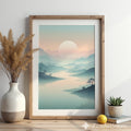 Misty Mountain Sunrise Wall Art - Minimal Zen Landscape Print, Japandi Pastel Sun Poster for Living Room