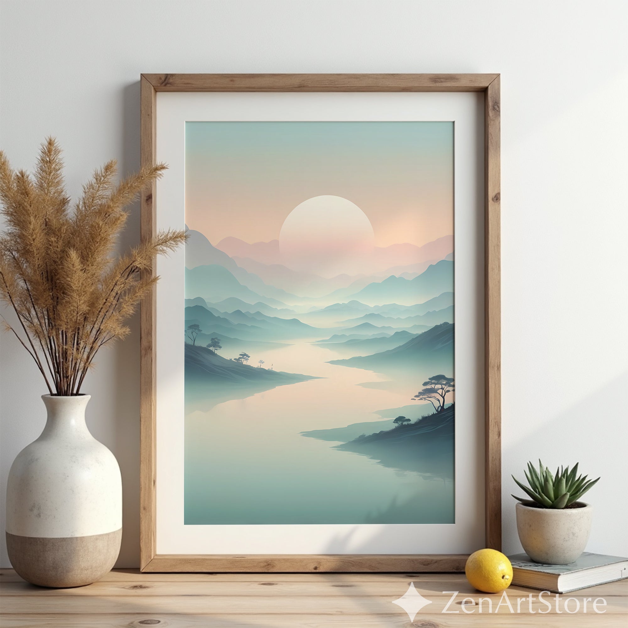 Misty Mountain Sunrise Wall Art - Minimal Zen Landscape Print, Japandi Pastel Sun Poster for Living Room