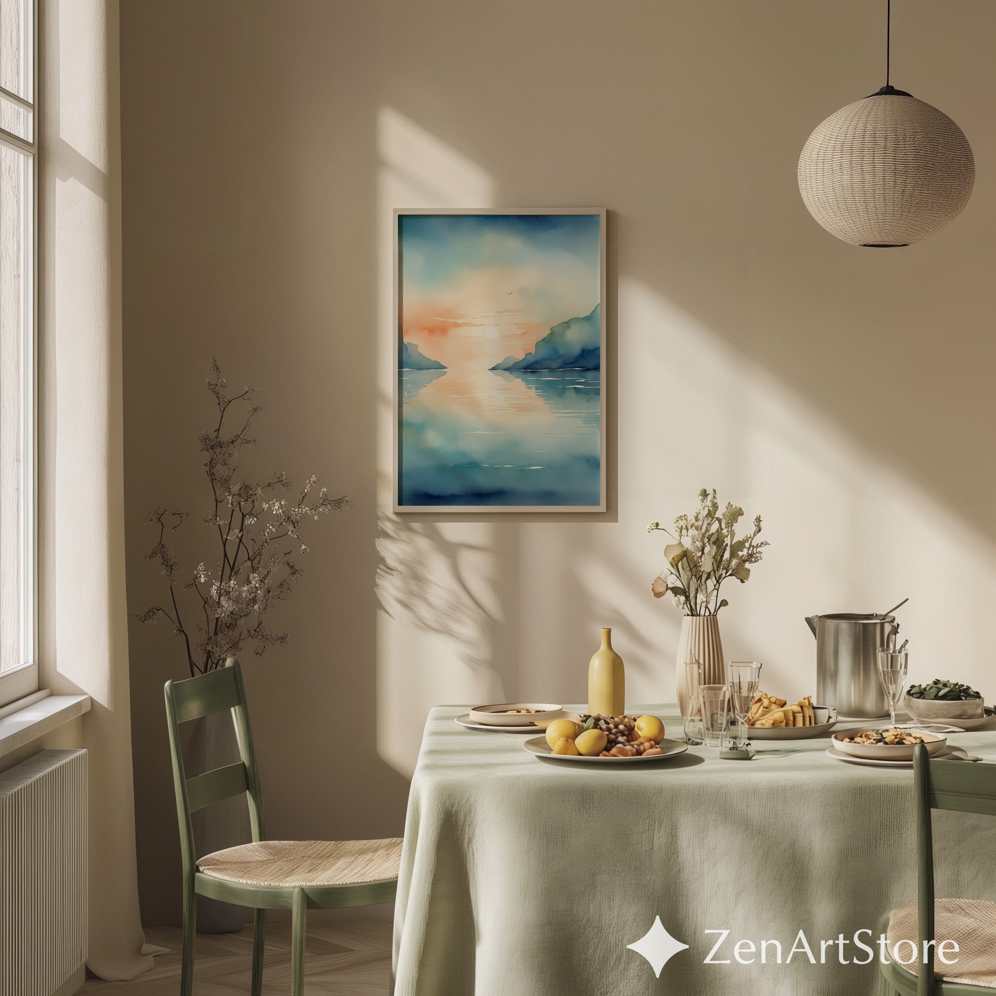 Calm Coastal Sunset Watercolor Print - Minimal Seascape Wall Art, Zen Japandi Blue Peach Ocean Landscape