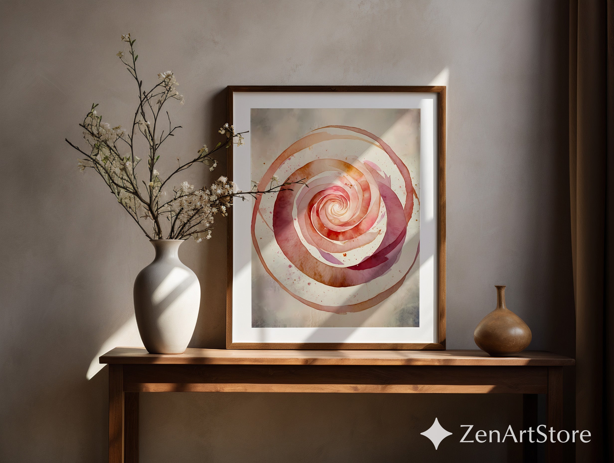 Spiral Rose Watercolor Print - Neutral Pink Beige Abstract Wall Art, Minimal Japandi Wabi Sabi Home Decor