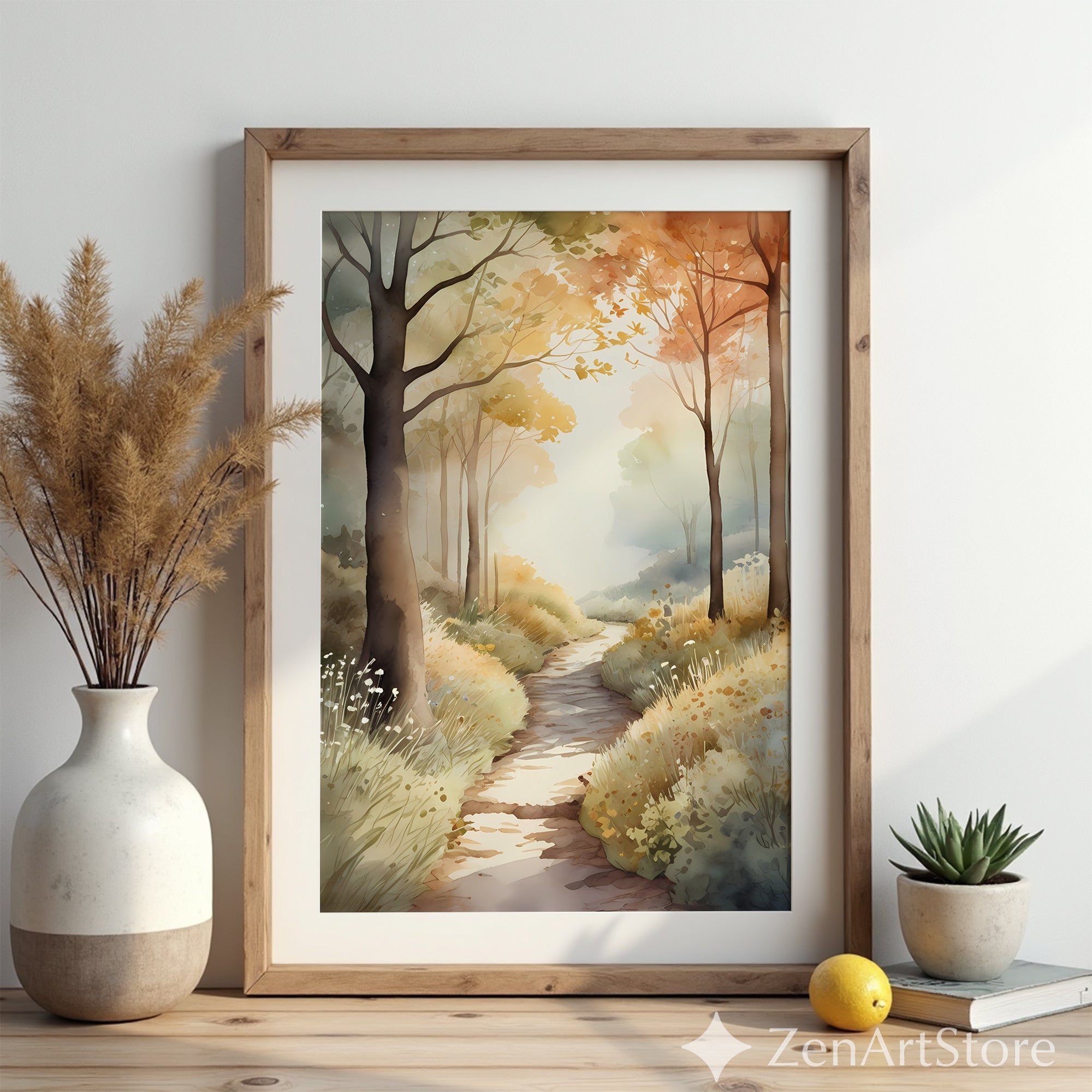 Autumn Watercolor Forest Path Print - Neutral Landscape Wall Art, Printable Digital Download, Canvas-Ready Japandi Decor