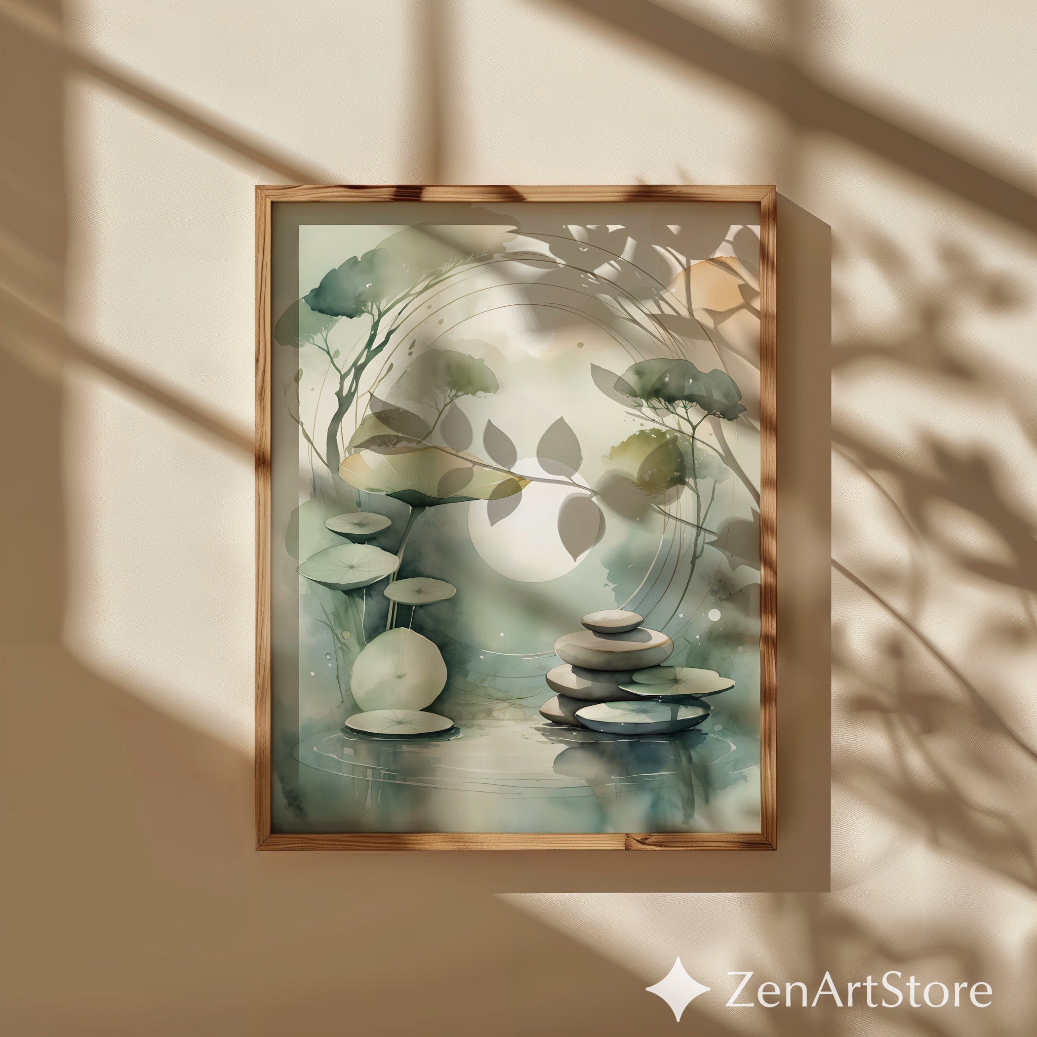 Zen Lotus Pond Wall Art - Minimal Japandi Botanical Print, Calming Neutral Green Landscape for Home Decor
