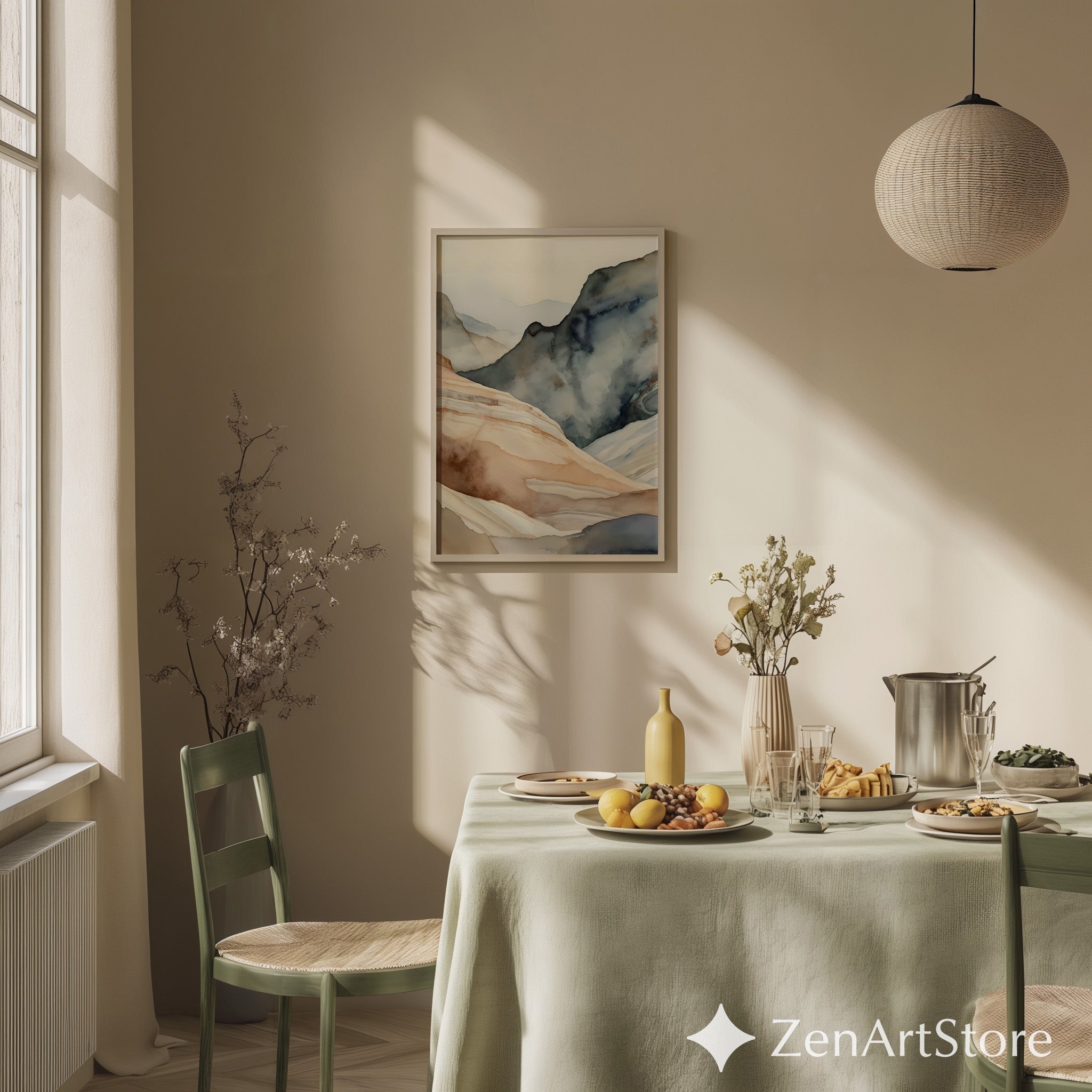 Abstract Neutral Mountain Wall Art - Japandi Watercolor Landscape Print, Minimal Beige & Blue Modern Home Decor