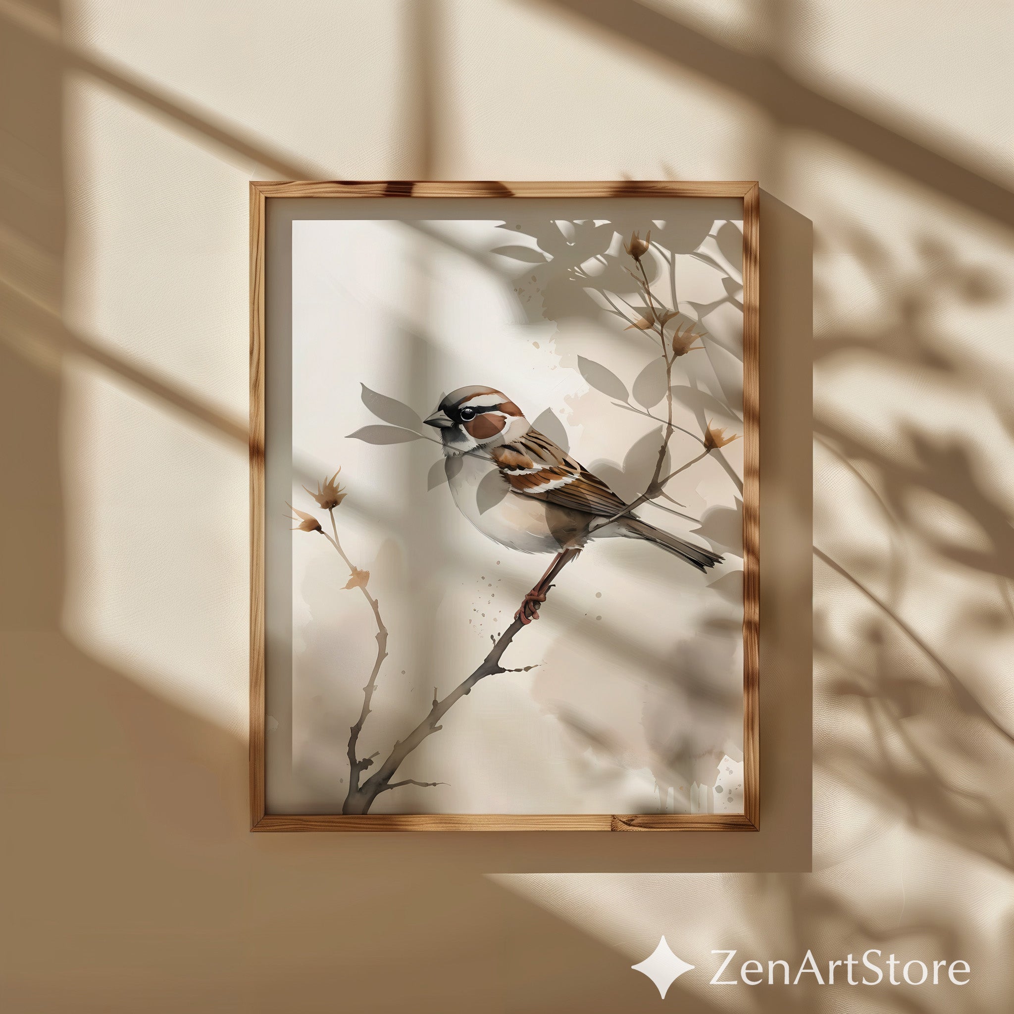 Sparrow Watercolor Print | Minimal Neutral Bird Wall Art for Living Room, Nursery, Japandi Scandinavian Home Decor