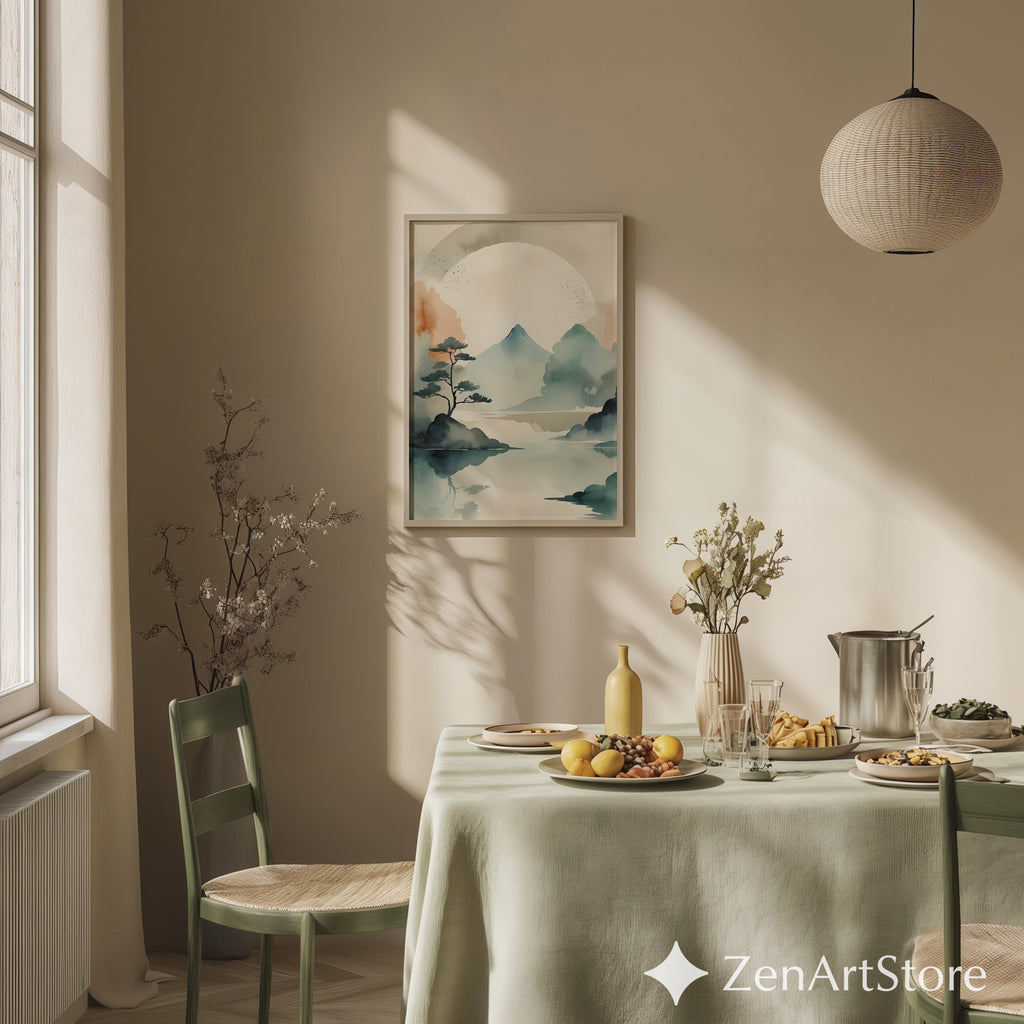 Japandi Watercolor Mountain Print - Zen Minimal Landscape Wall Art, Neutral Beige Teal Abstract for Living Room & Bedroom