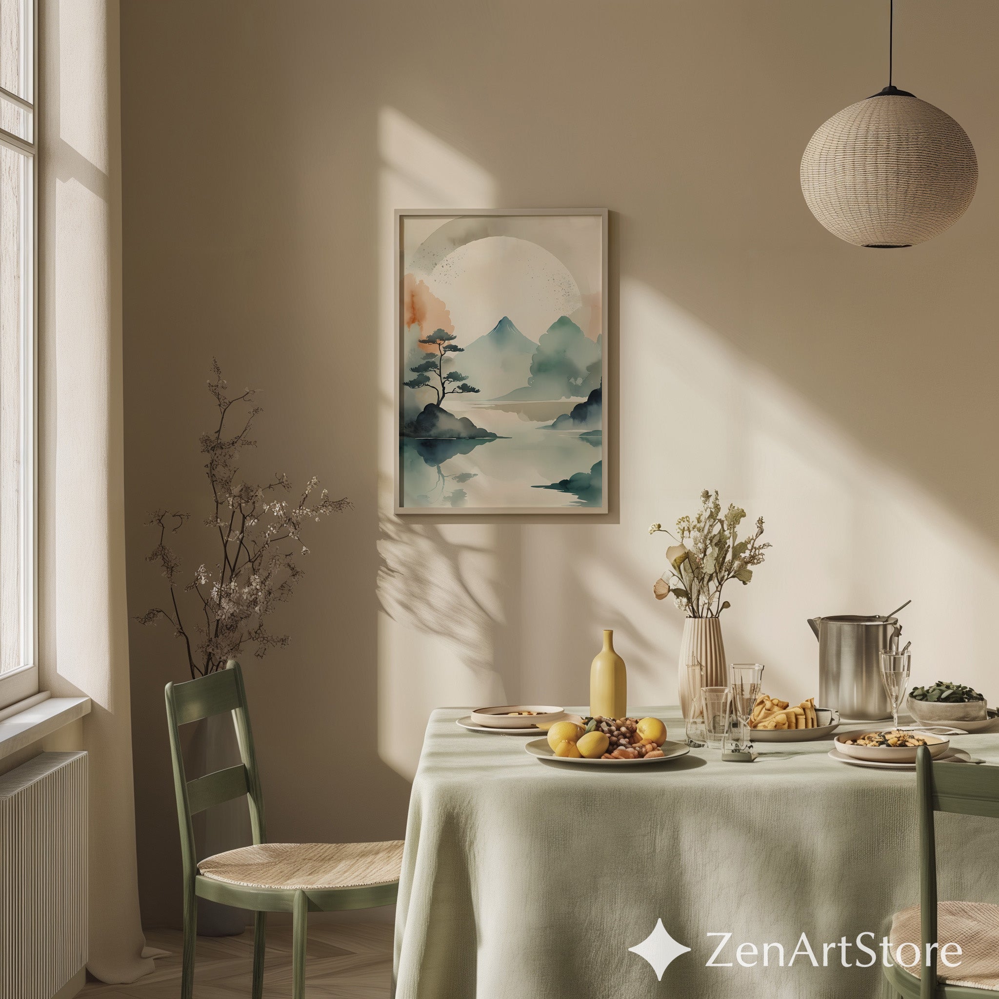 Japandi Watercolor Mountain Print - Zen Minimal Landscape Wall Art, Neutral Beige Teal Abstract for Living Room & Bedroom