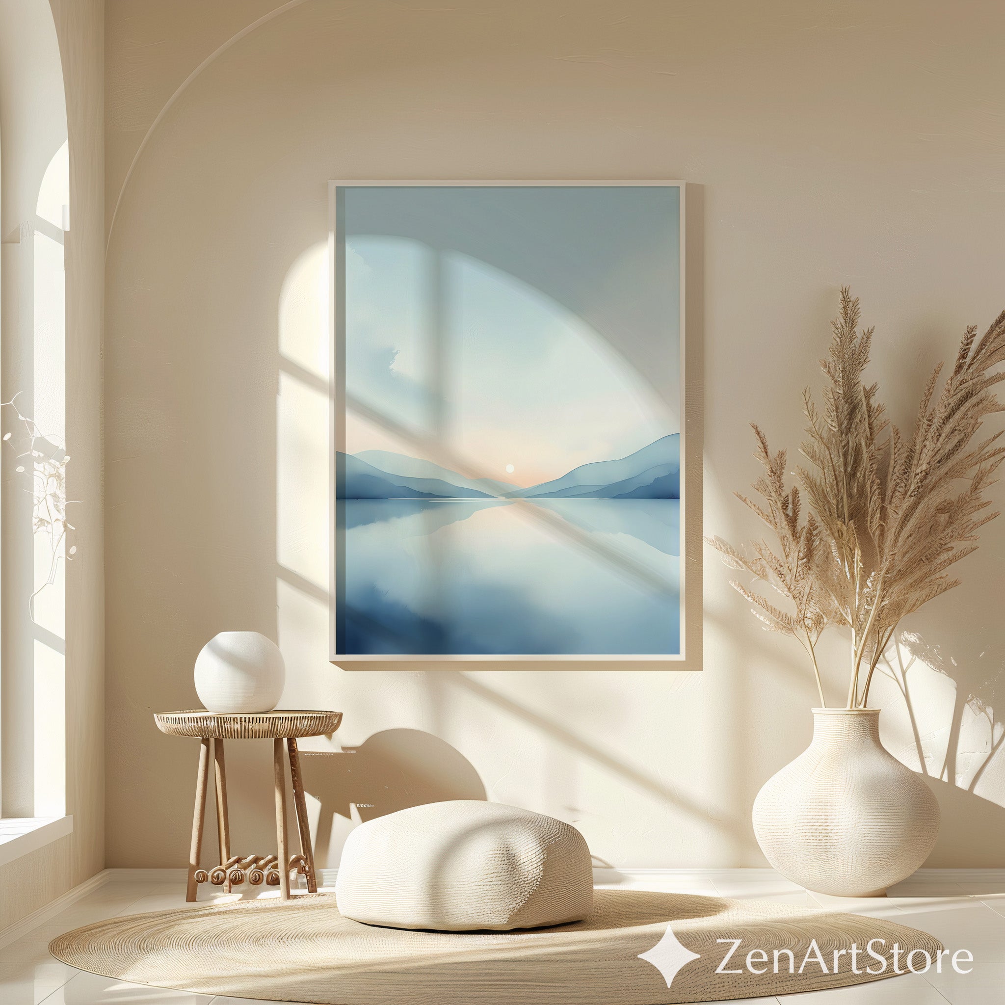 Minimal Blue Landscape Wall Art Calm Sunrise Lake Print - Japandi Scandinavian Abstract Printable & Framed Home Decor