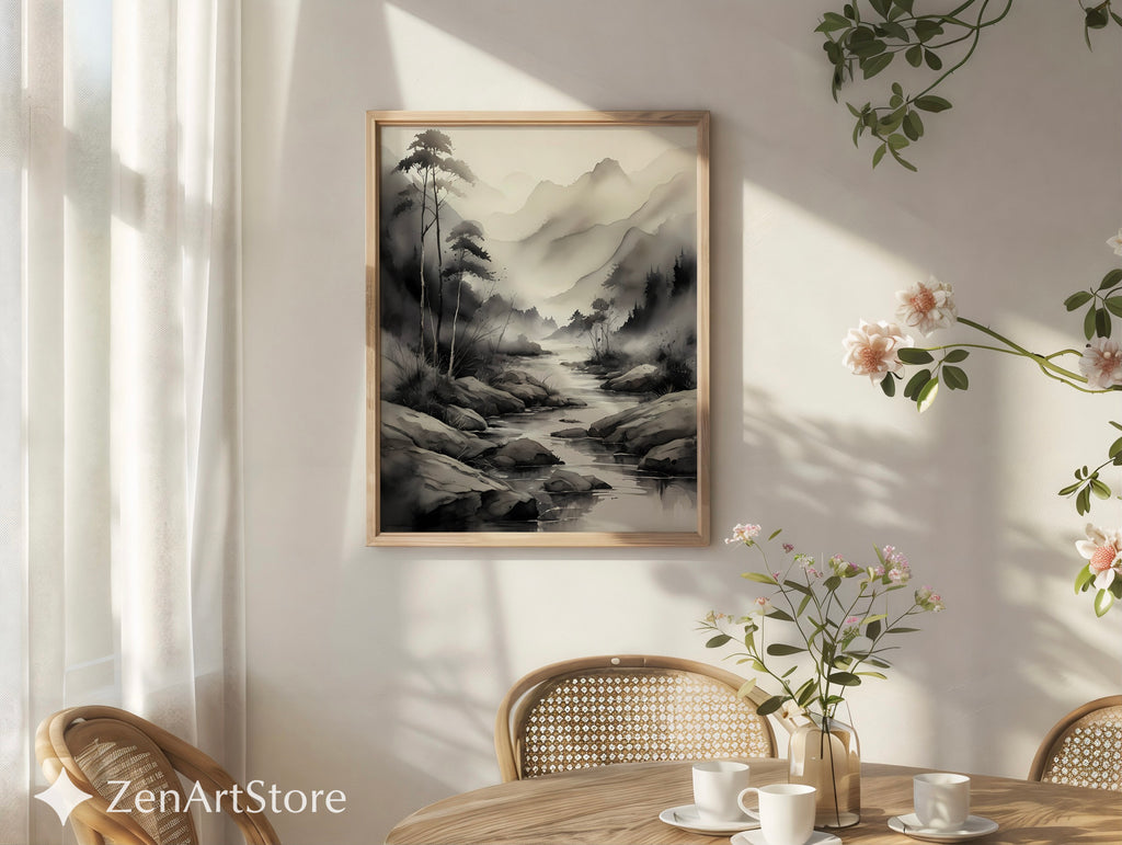 Ink-Wash Mountain River Print - Zen Minimal Monochrome Landscape Wall Art for Japandi, Scandinavian & Wabi-Sabi Decor
