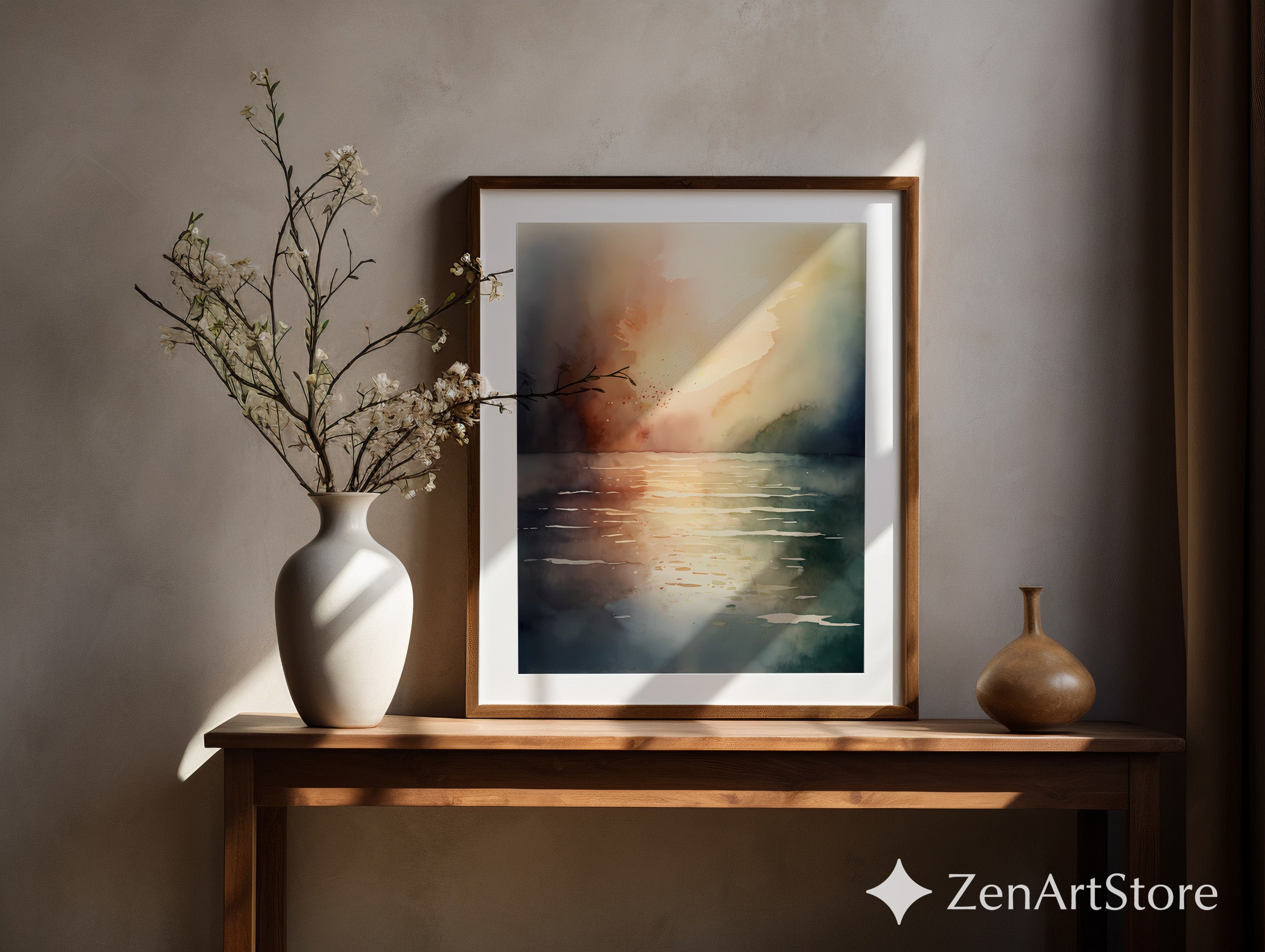Serene Abstract Sunset Watercolor Print - Neutral Japandi Coastal Wall Art, Minimalist Living Room Decor