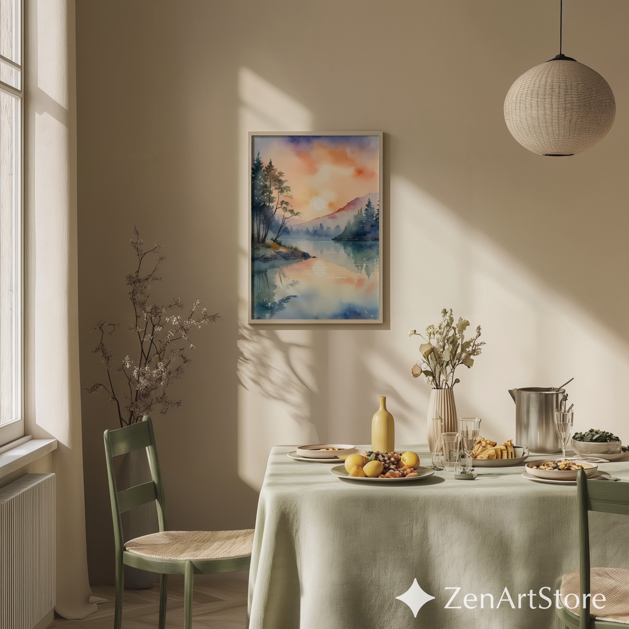 Sunrise Lake Watercolor Print - Misty Mountain Reflection Wall Art, Serene Zen Minimal Nature Decor