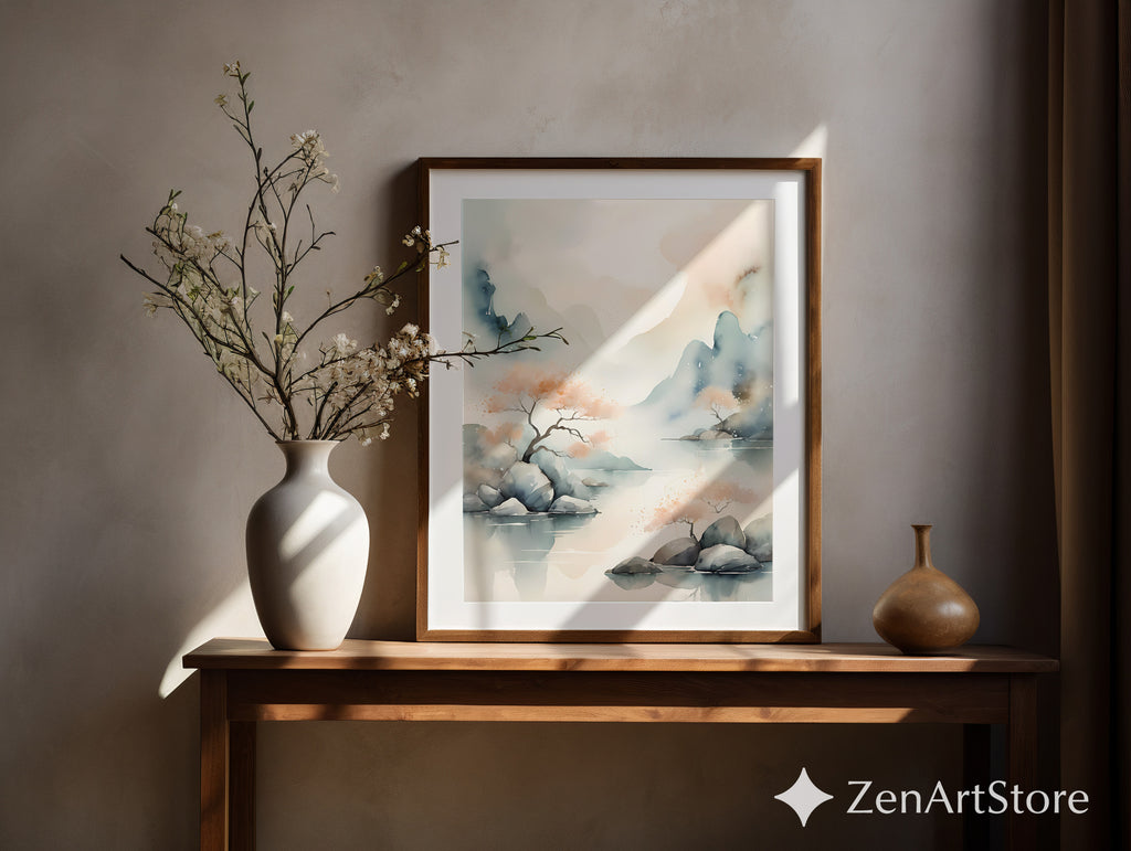 Serene Watercolor Landscape Print - Zen Japandi Wall Art, Minimal Mountain & Peach Tree Illustration for Living Room, Bedroom, Nursery