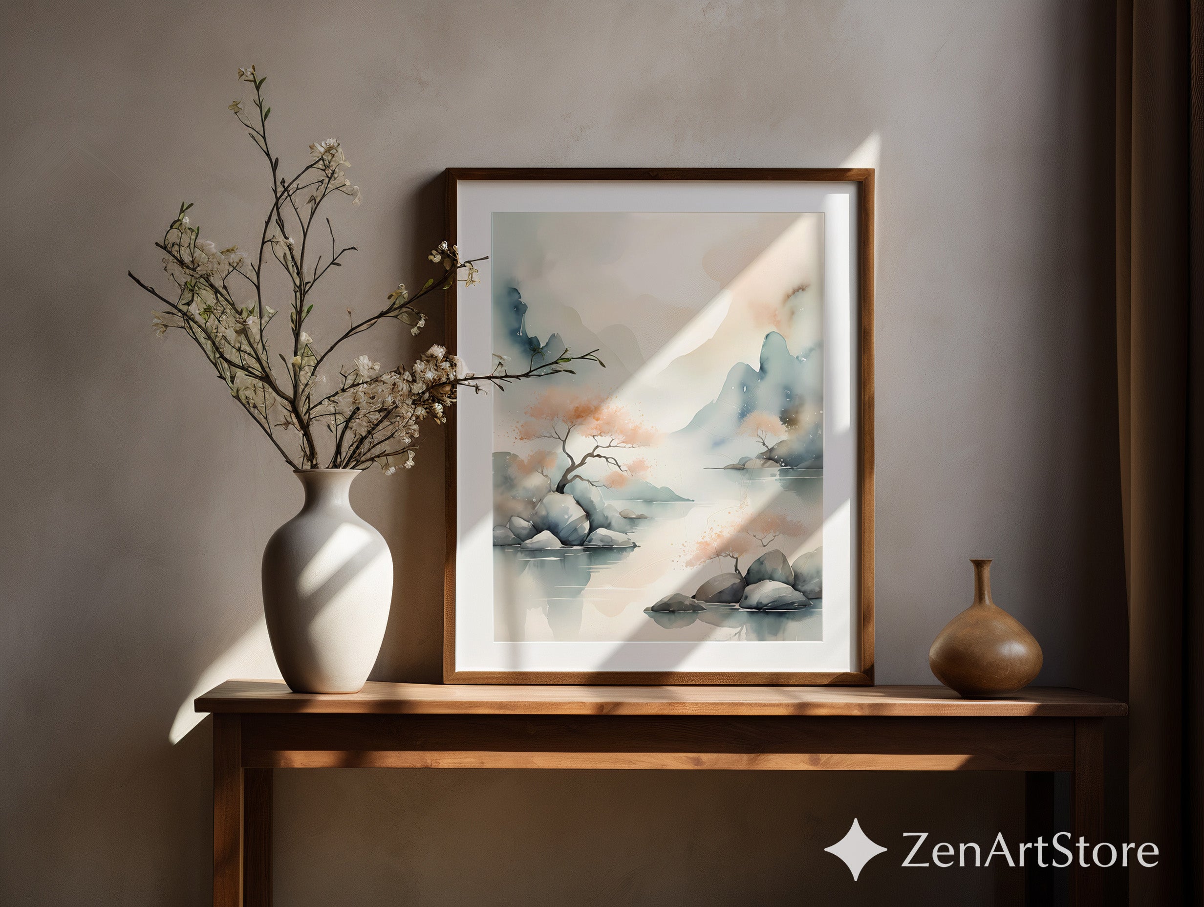 Serene Watercolor Landscape Print - Zen Japandi Wall Art, Minimal Mountain & Peach Tree Illustration for Living Room, Bedroom, Nursery