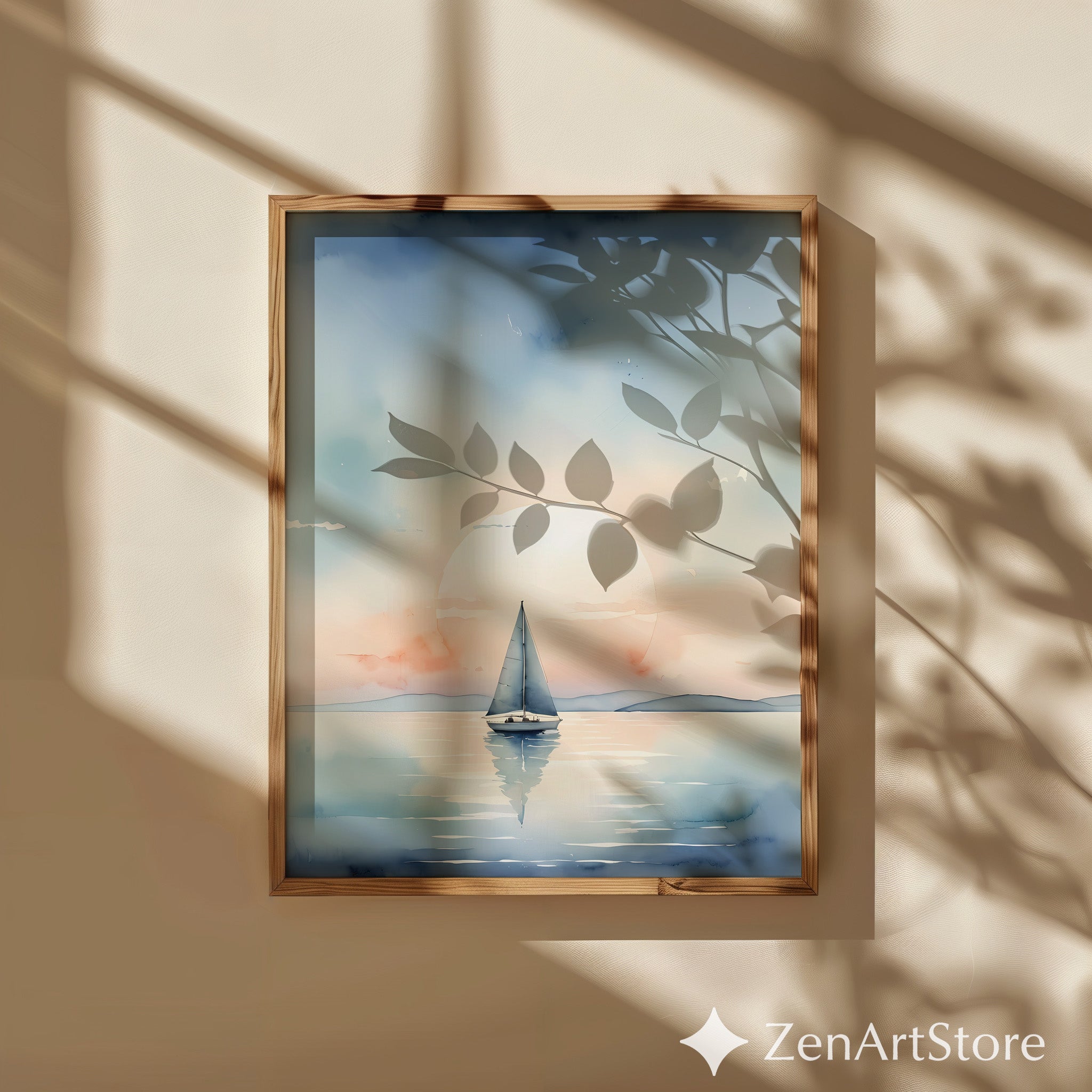 Calm Sailboat Watercolor Print - Serene Sunset Nautical Wall Art for Coastal Home