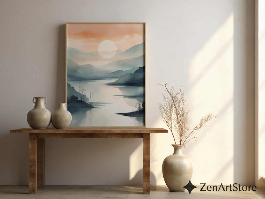 Sunrise Mist Landscape Print – Minimal Japandi Zen Wall Art, Neutral Mountain Lake Poster for Living Room