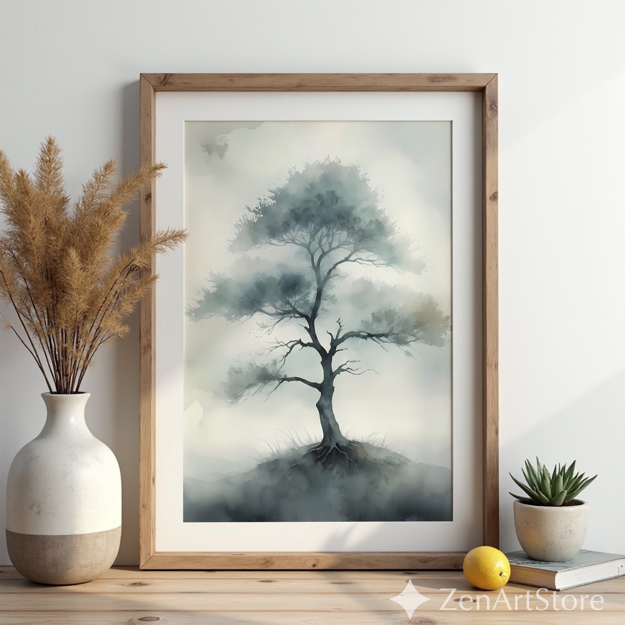 Misty Tree Watercolor Print - Minimal Zen Tree Wall Art, Japandi Neutral Botanical Canvas for Living Room & Bedroom