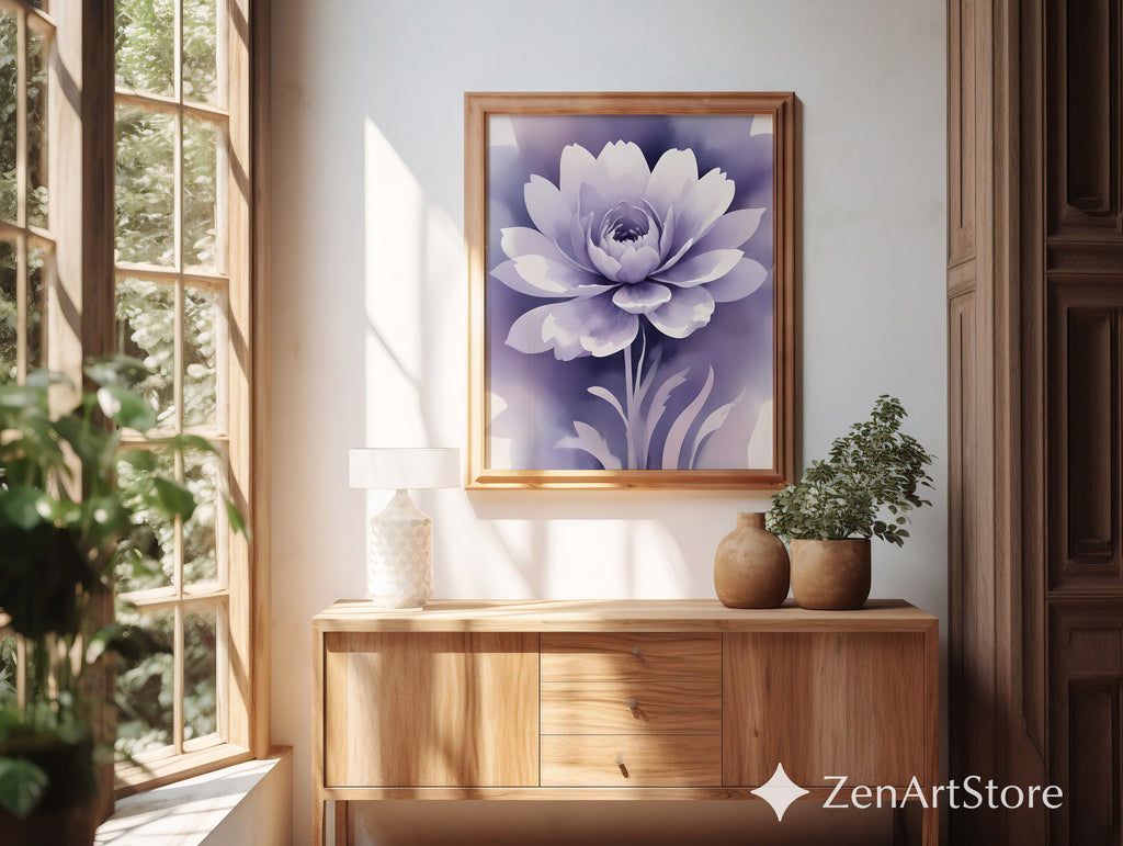 Lavender Floral Wall Art - Calming Purple Peony Print for Bedroom & Living Room - Minimal Zen Botanical Canvas, Japandi Decor