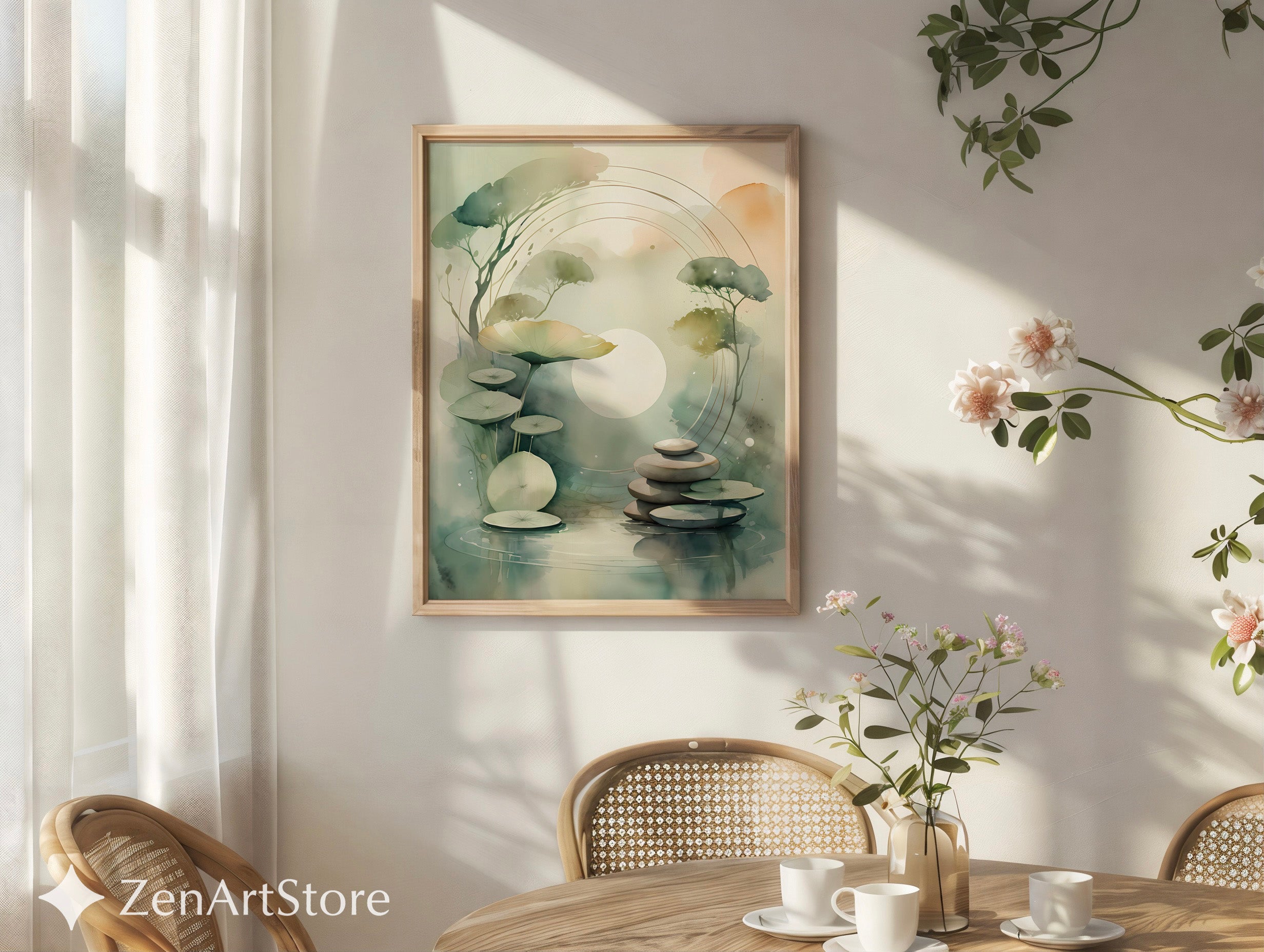 Zen Lotus Pond Wall Art - Minimal Japandi Botanical Print, Calming Neutral Green Landscape for Home Decor