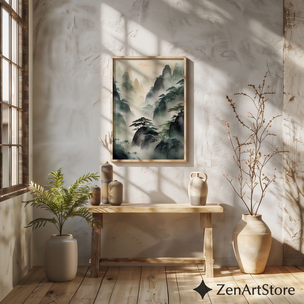 Misty Mountain Landscape Print - Zen Ink-Wash Wall Art for Living Room Japandi Neutral Home Decor