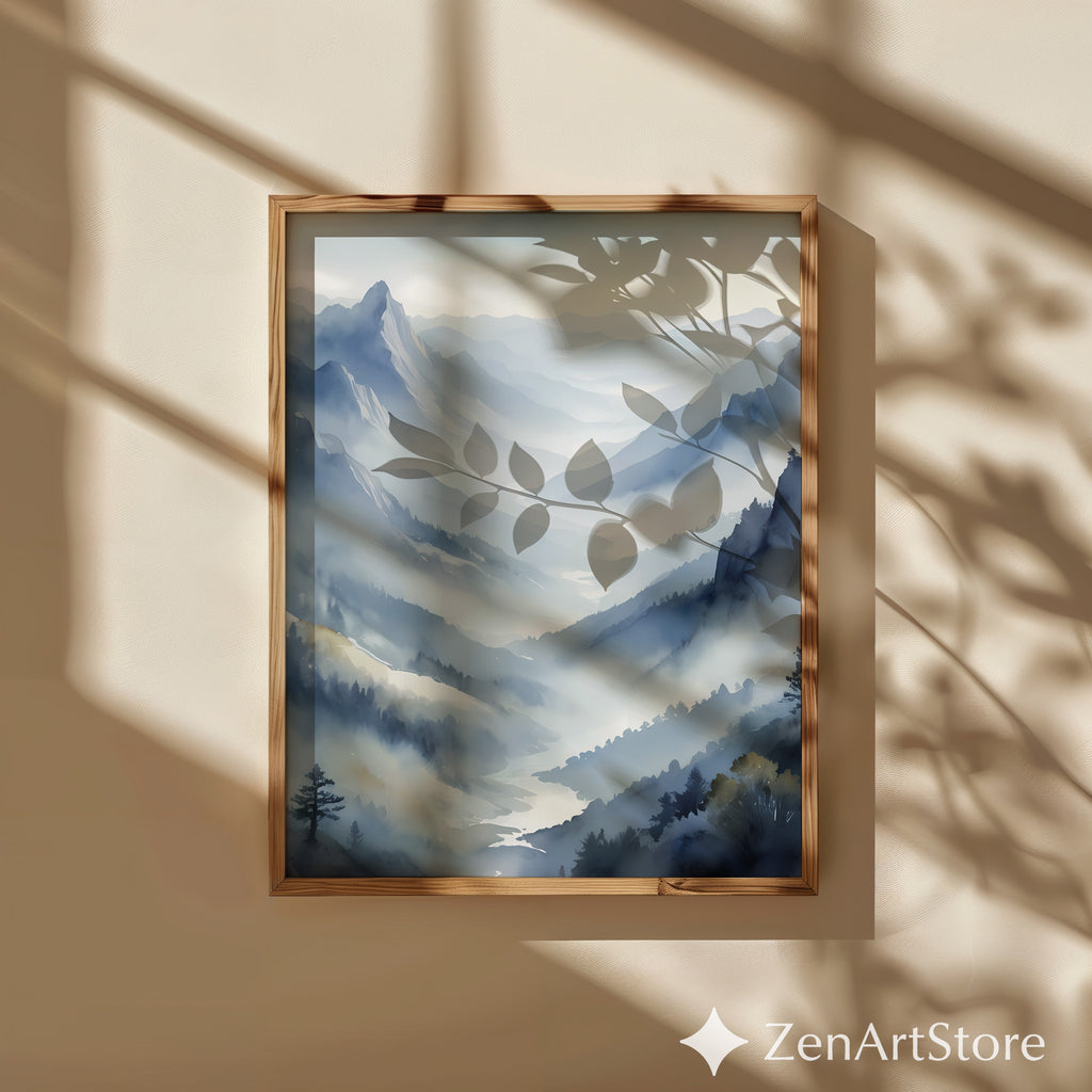 Misty Mountain Valley Wall Art Print - Serene Blue Grey Landscape, Minimalist Japandi Scandinavian Home Decor, Foggy Nature Print